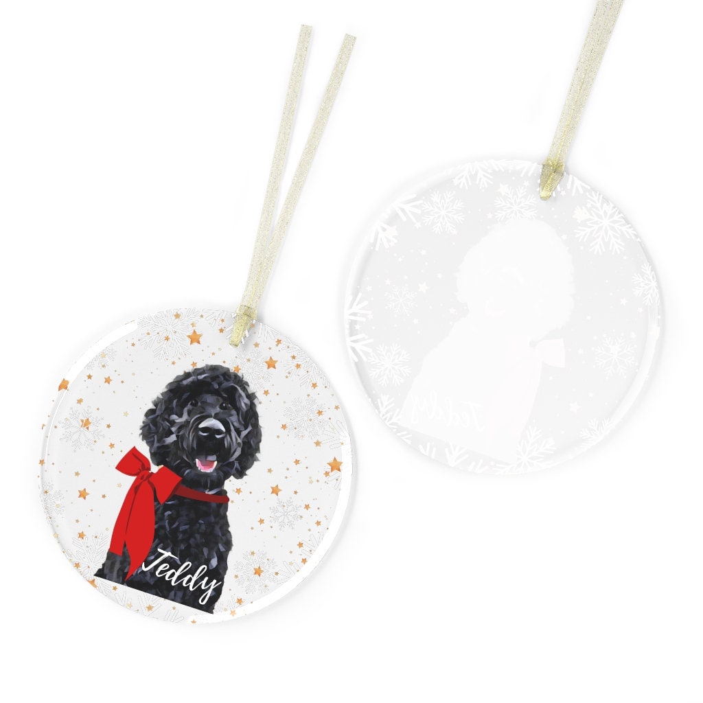 Black Goldendoodle Ornament With Dogs Name | Glass | Red Bow ywd4kc-br.myshopify.com
