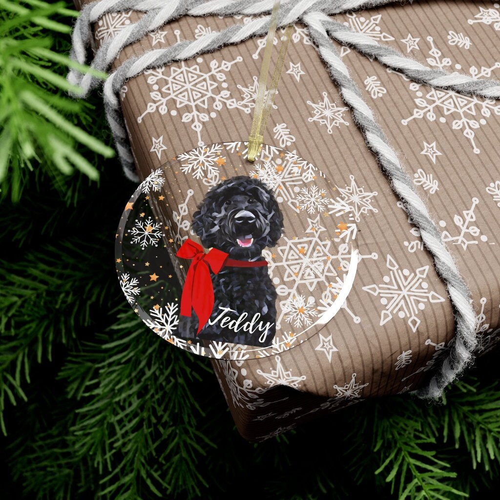 Black Goldendoodle Ornament With Dogs Name | Glass | Red Bow ywd4kc-br.myshopify.com