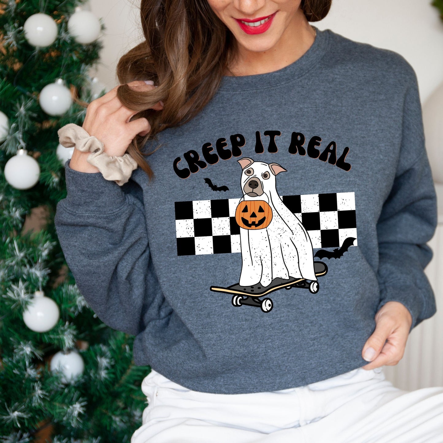 Ghost Pitbull Halloween Sweatshirt "Creep It Real" ywd4kc-br.myshopify.com