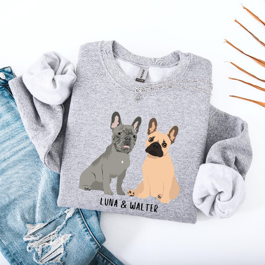 Personalized French Bulldog sweatshirt in color sport grey with grey frenchie and a tan frenchie, and their names underneath the dog graphic