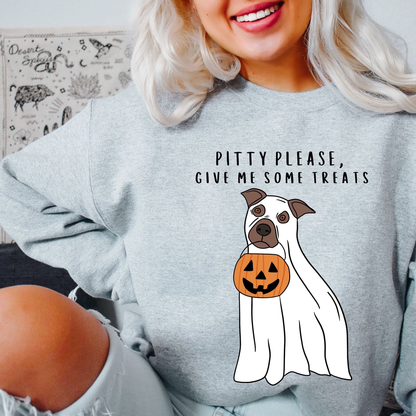 Pitty Please Give Me Some Treats Sweatshirt | Halloween Ghost Pitbull ywd4kc-br.myshopify.com