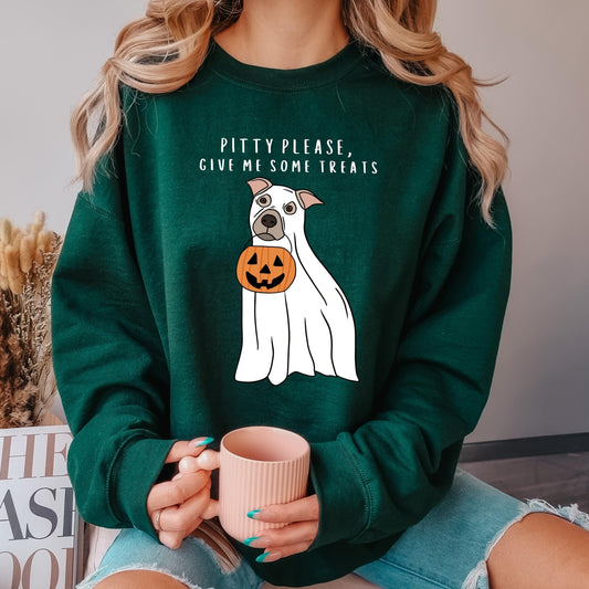 Pitty Please Give Me Some Treats Sweatshirt | Halloween Ghost Pitbull ywd4kc-br.myshopify.com