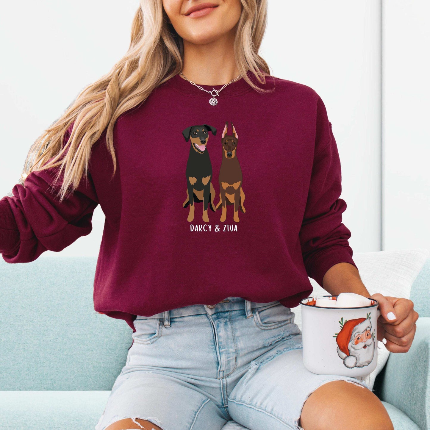 Name Doberman sweatshirt, brown doberman, doberman gifts, doberman dad shirt, natural ear doberman, dog christmas sweater, dog mom crewneck