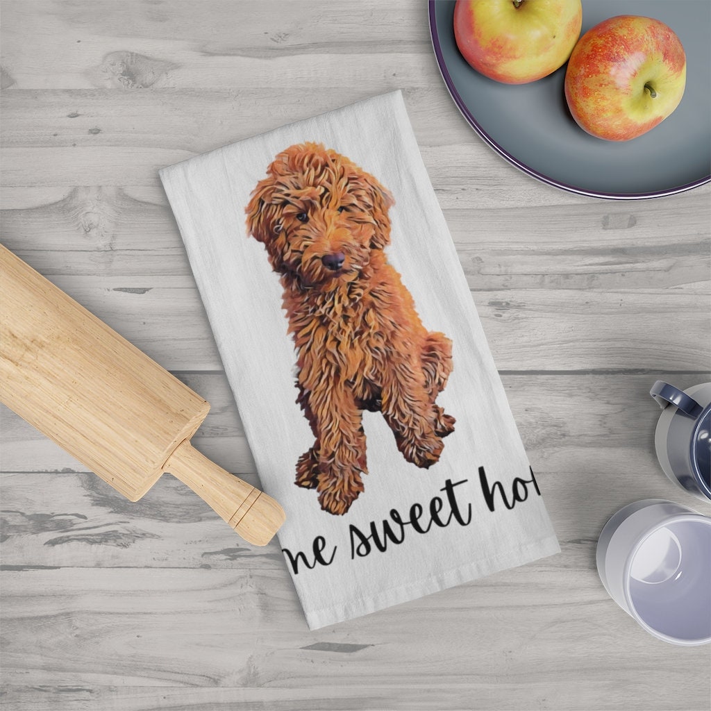 Red Goldendoodle flour sack kitchen tea towel, home sweet home, golden doodle tea towel, cockapoo, doodle hand towel, dish towel, 100% coton