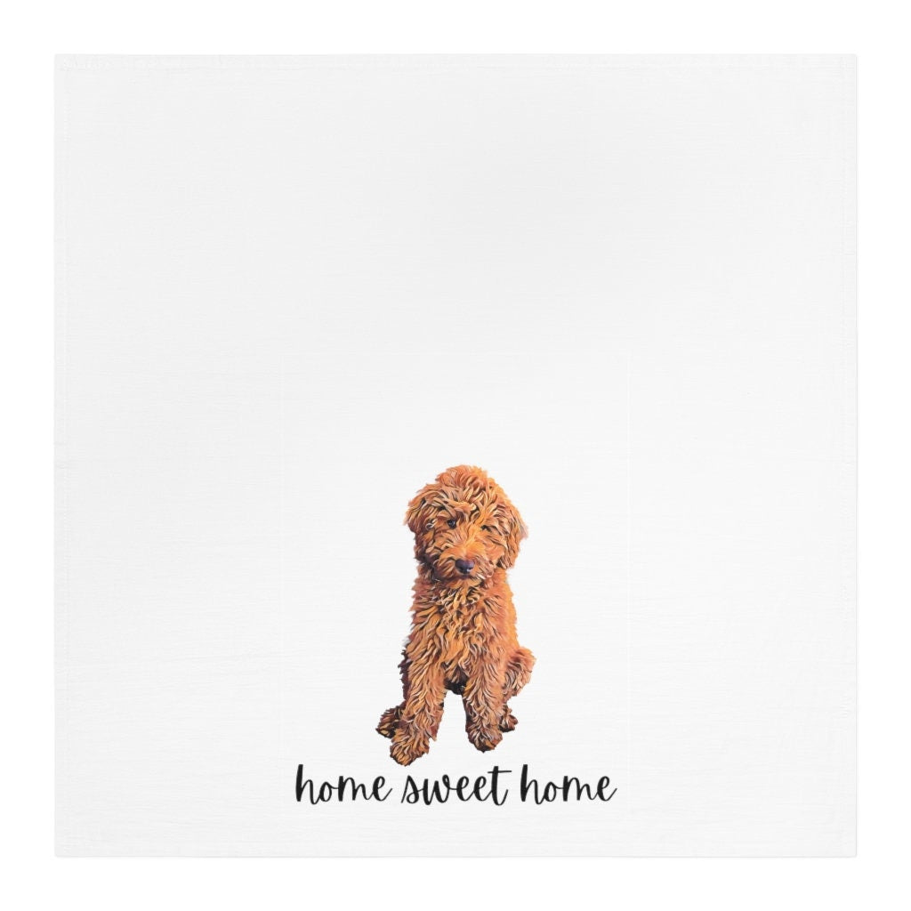 Red Goldendoodle flour sack kitchen tea towel, home sweet home, golden doodle tea towel, cockapoo, doodle hand towel, dish towel, 100% coton