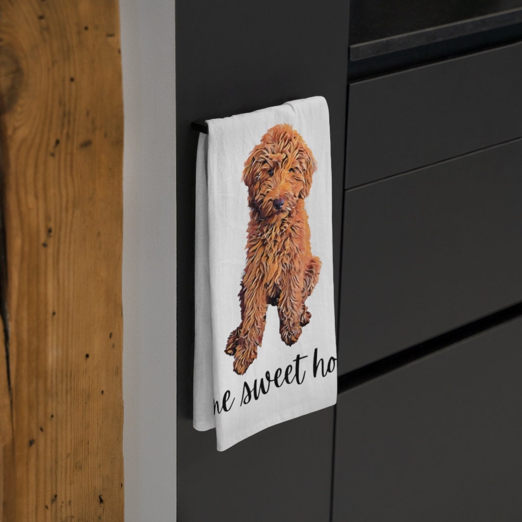 Red Goldendoodle flour sack kitchen tea towel, home sweet home, golden doodle tea towel, cockapoo, doodle hand towel, dish towel, 100% coton