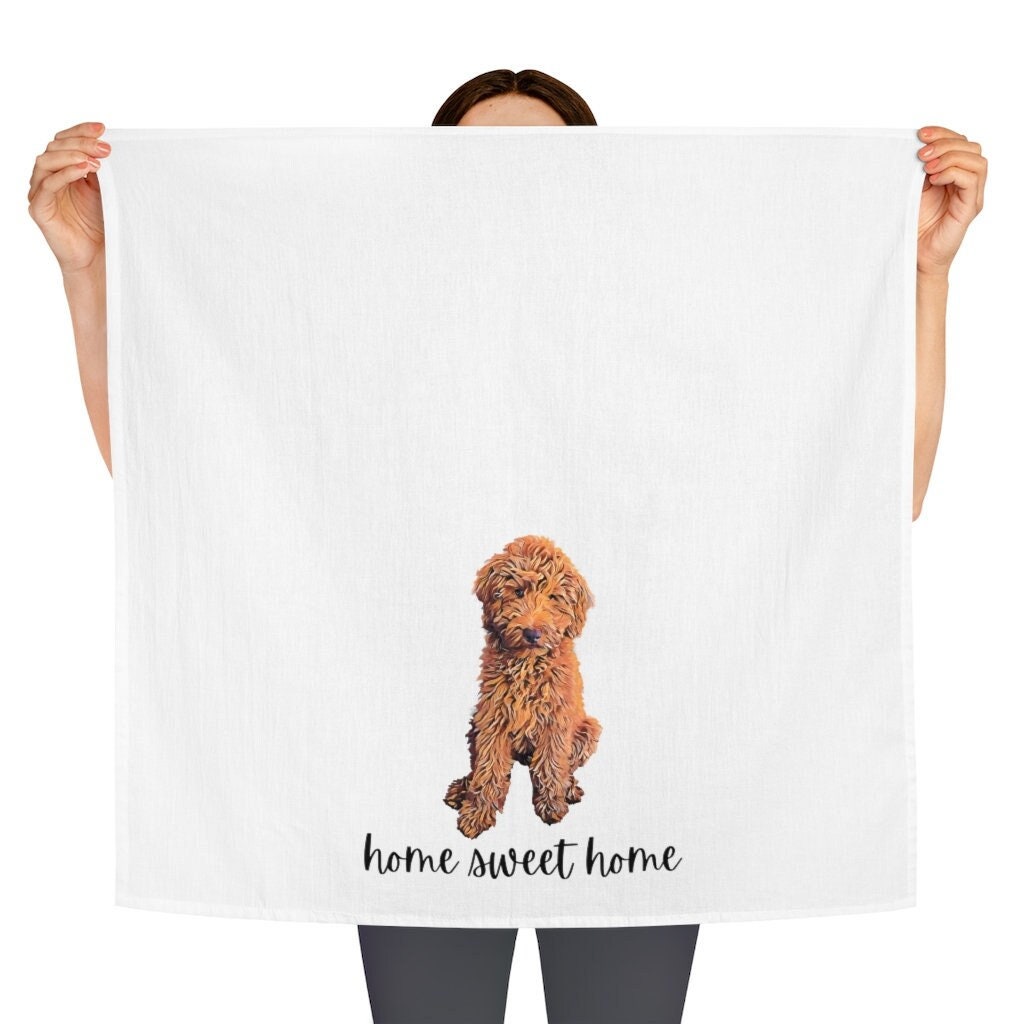 Red Goldendoodle flour sack kitchen tea towel, home sweet home, golden doodle tea towel, cockapoo, doodle hand towel, dish towel, 100% coton