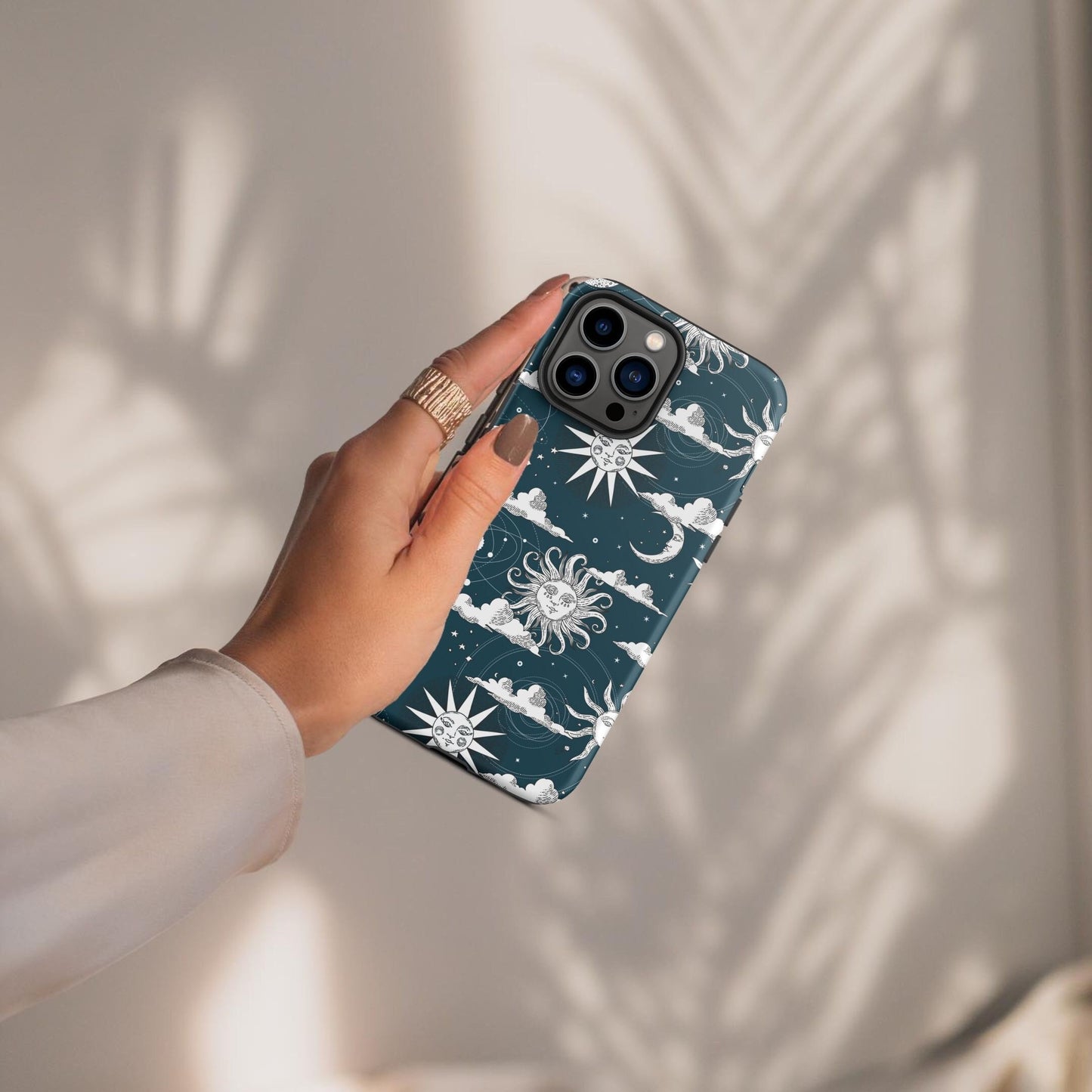 Dark Teal Sun and The Moon Dance Tough iPhone Case, Celestial Fairycore Cottage Core Mystical Vibes Gift for Teen Mother Gift for Daughter