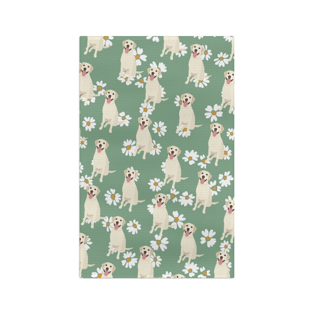 Labrador Tea Towel, green daisy flowers, yellow retriever tea towel, waffle kitchen towel, dog flour sack, housewarming gift, lab mom gift