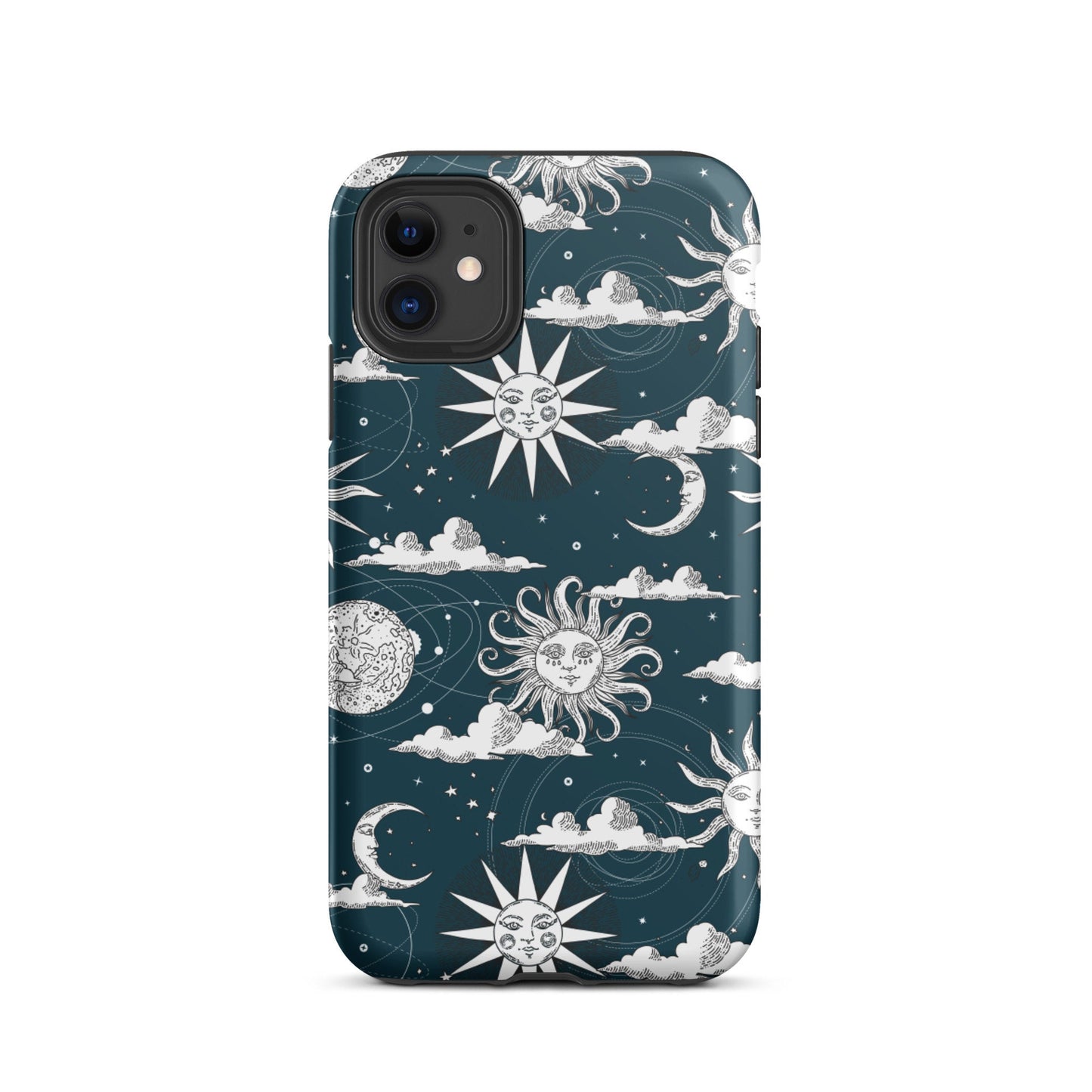 Dark Teal Sun and The Moon Dance Tough iPhone Case, Celestial Fairycore Cottage Core Mystical Vibes Gift for Teen Mother Gift for Daughter