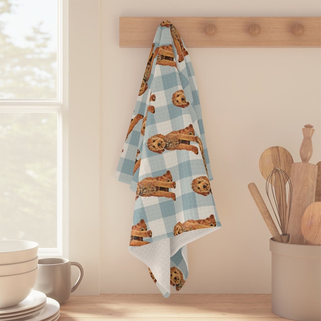 Blue plaid Goldendoodle tea towel, waffle kitchen towel, Labradoodle dog flour sack, checkers dish towel, housewarming gift, new home gift