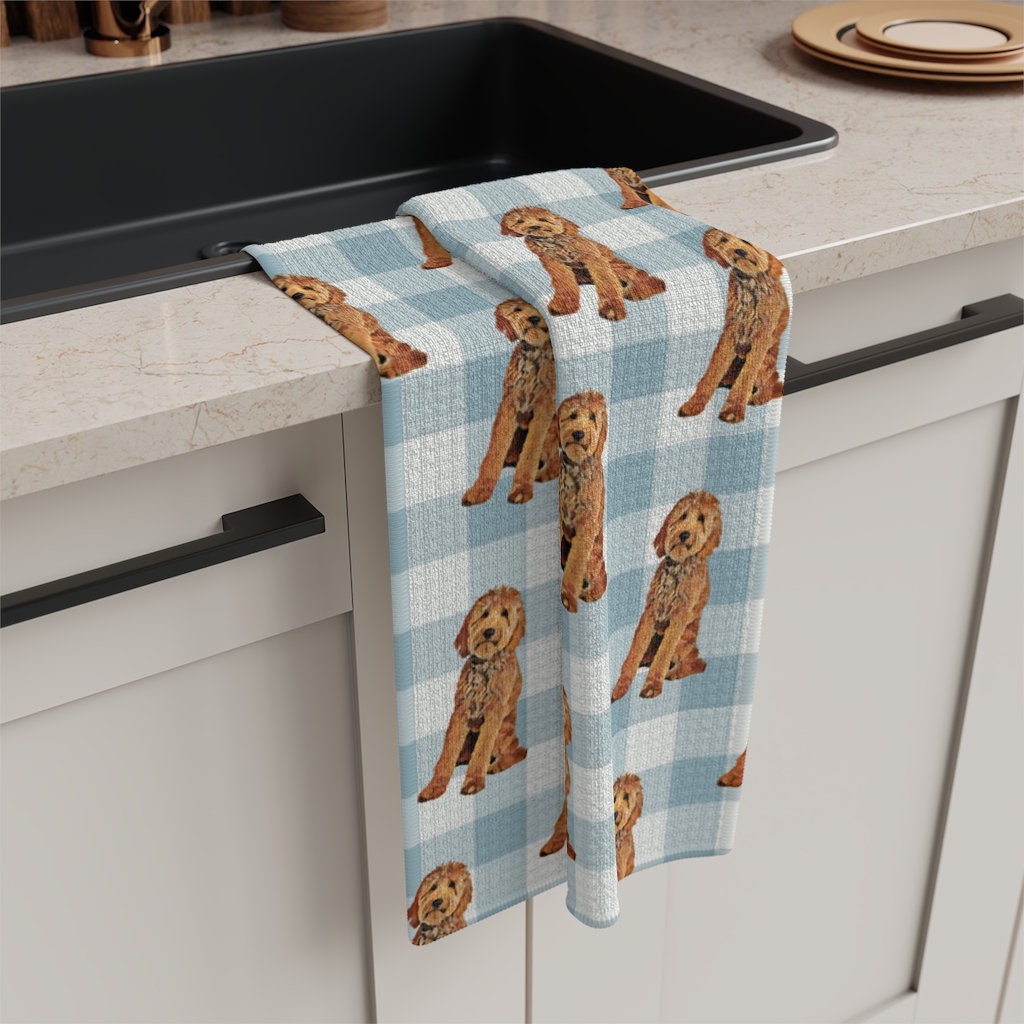 Blue plaid Goldendoodle tea towel, waffle kitchen towel, Labradoodle dog flour sack, checkers dish towel, housewarming gift, new home gift