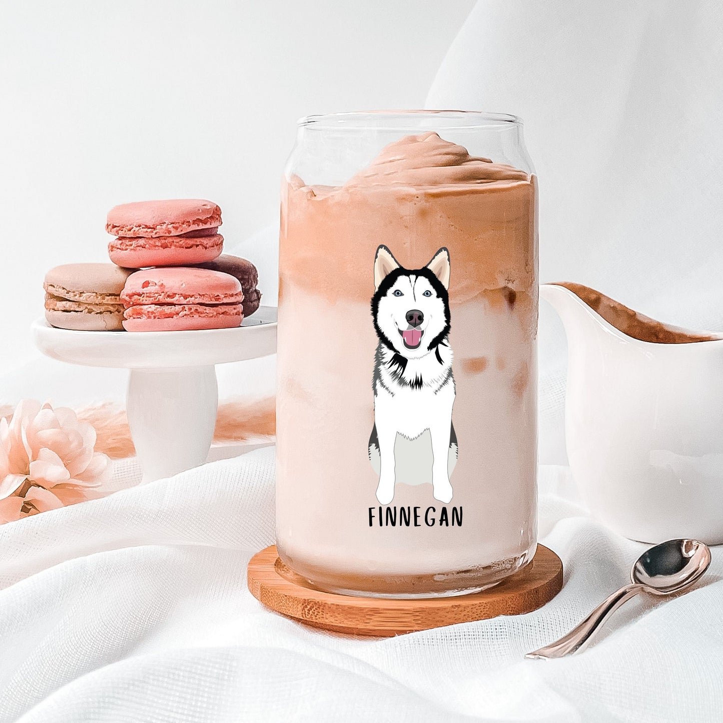 Husky Can Glass with lid and straw, red husky coffee glass iced, brown husky gift, Valentine gift for her, alaskan malamute dog mom gift