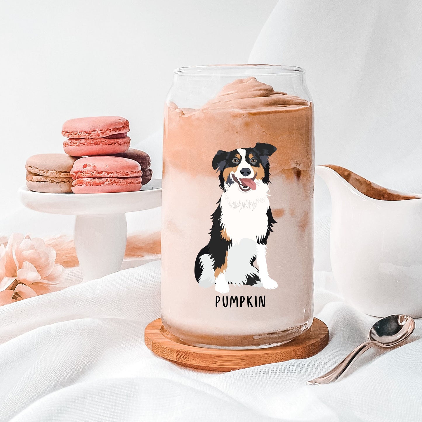 Australian Shepherd glass with lid and straw, iced coffee glass, aussie mom gifts, aussie gifts, mothers day gift, daughter birthday gift