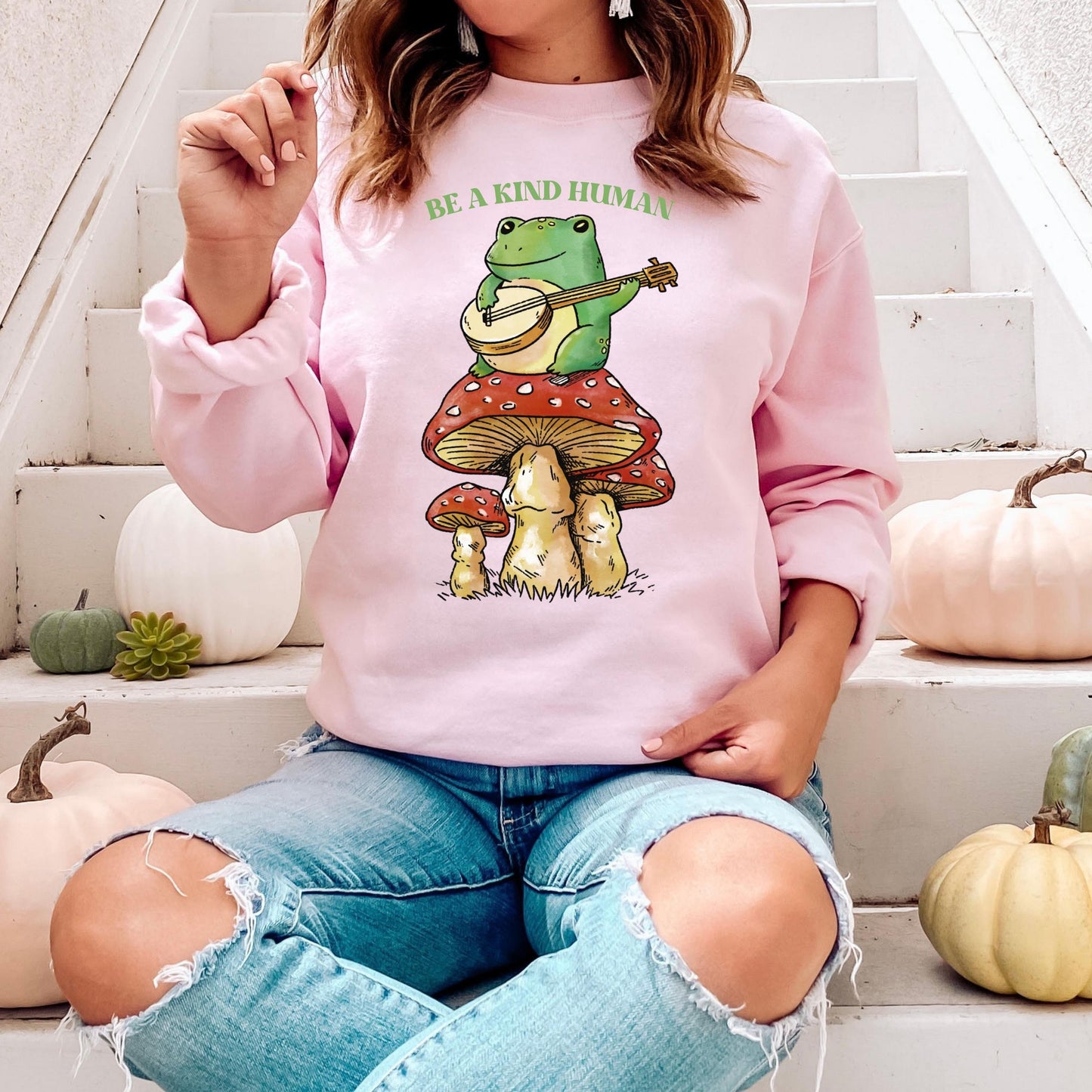 Be a Kind Human Sweatshirt, Frog Sweater, Mushroom Shirt, Cottagecore Shirt, Mushroom Gifts, Frog Gifts, Frog Lover Shirt, Fairycore Shirt