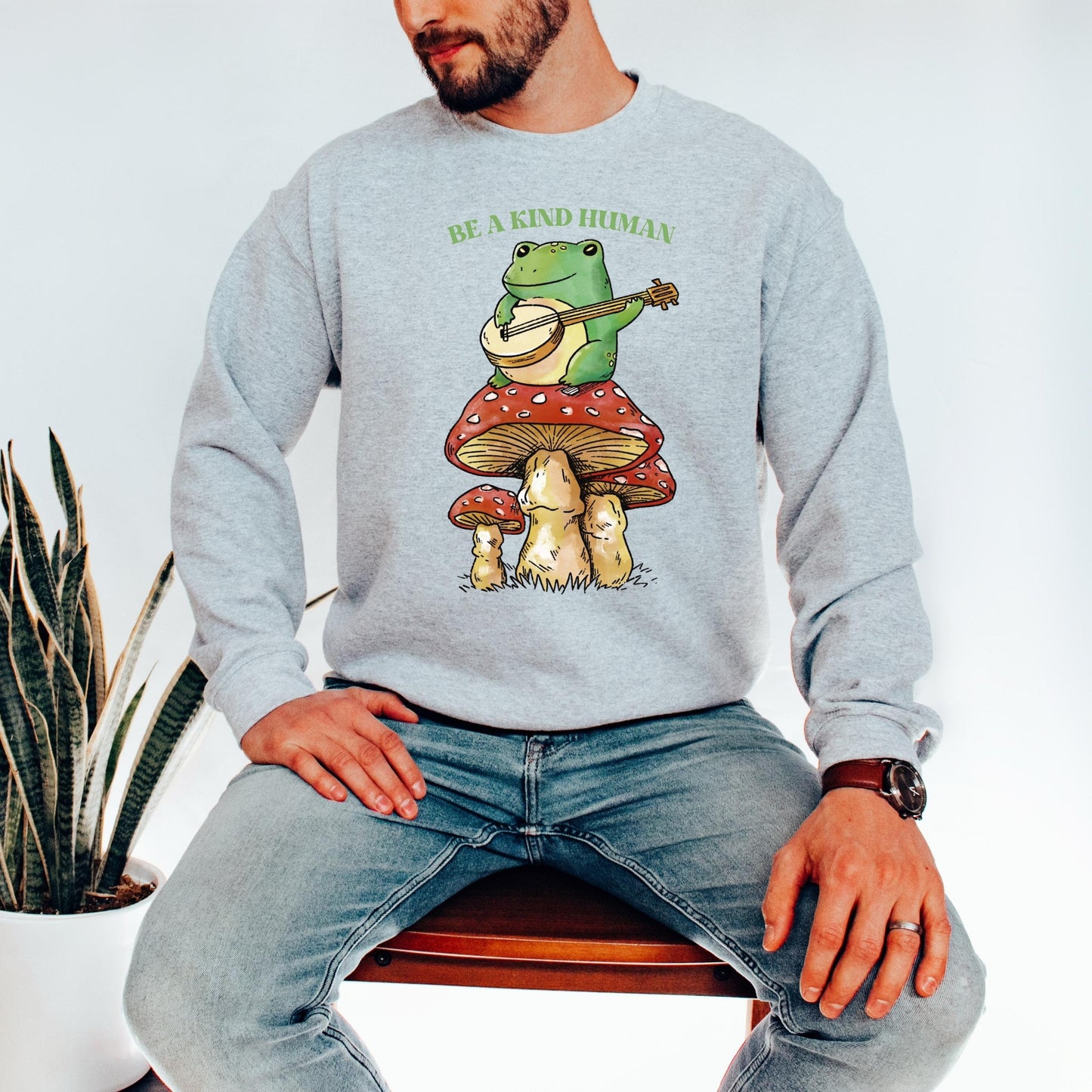 Be a Kind Human Sweatshirt, Frog Sweater, Mushroom Shirt, Cottagecore Shirt, Mushroom Gifts, Frog Gifts, Frog Lover Shirt, Fairycore Shirt