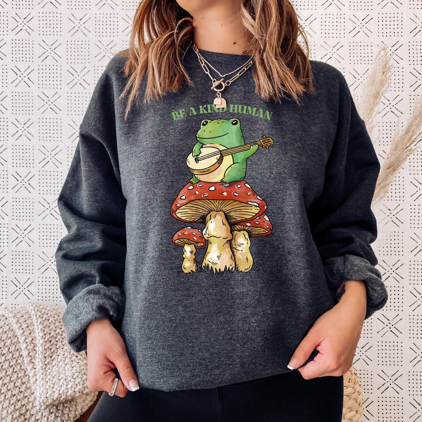 Be a Kind Human Sweatshirt, Frog Sweater, Mushroom Shirt, Cottagecore Shirt, Mushroom Gifts, Frog Gifts, Frog Lover Shirt, Fairycore Shirt