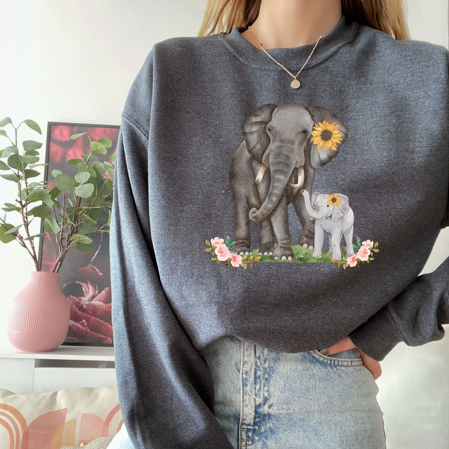 Elephant Sweatshirt, Elephant Baby Shirt, Elephant Family Sweater, Elephant Lover Gifts, Sunflower Shirt, Unisex Crewneck, Elephant Gifts