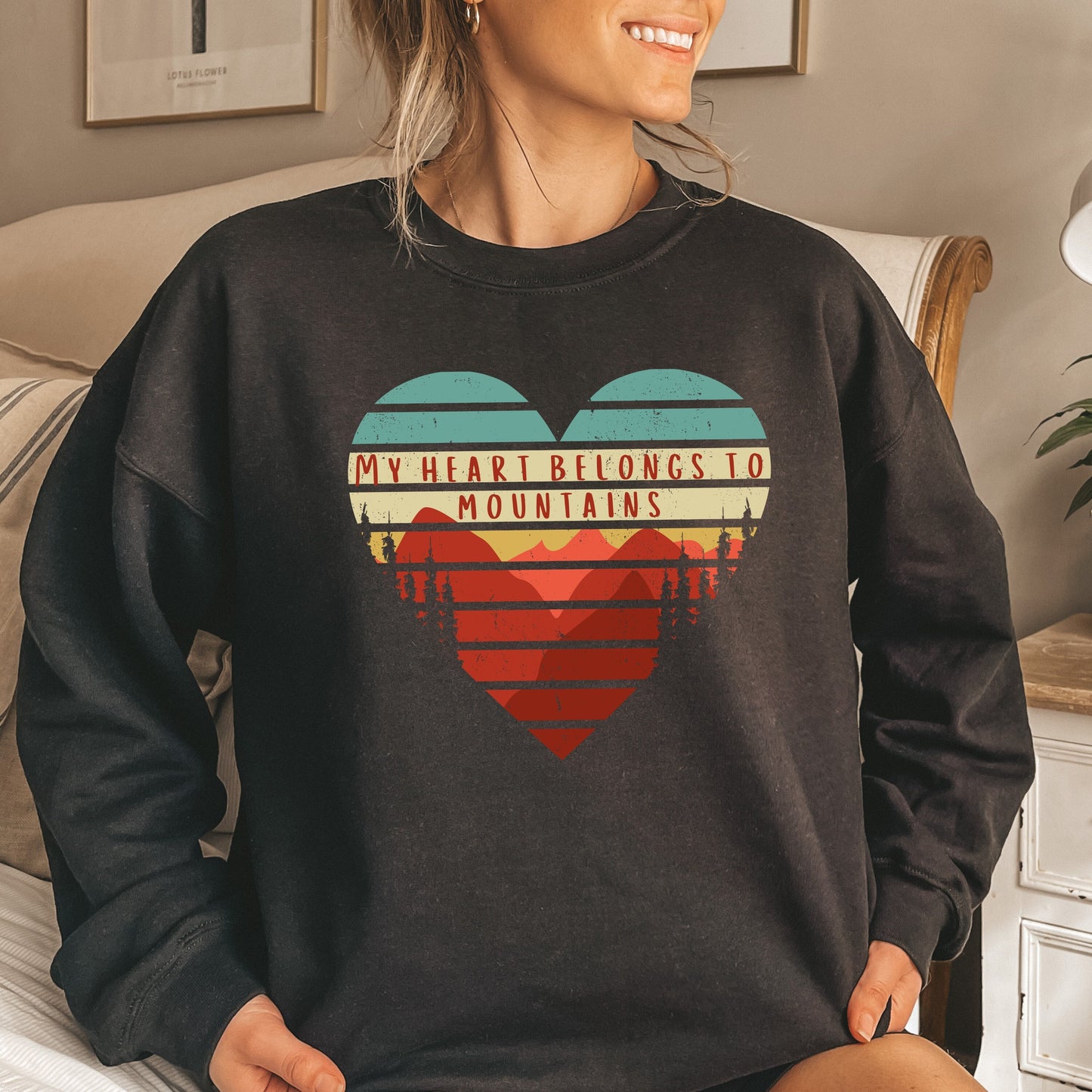 Mountain lover sweatshirt, my heart belongs to mountains, mountain shirt, oversized, rocky mountain aesthetic clothes college