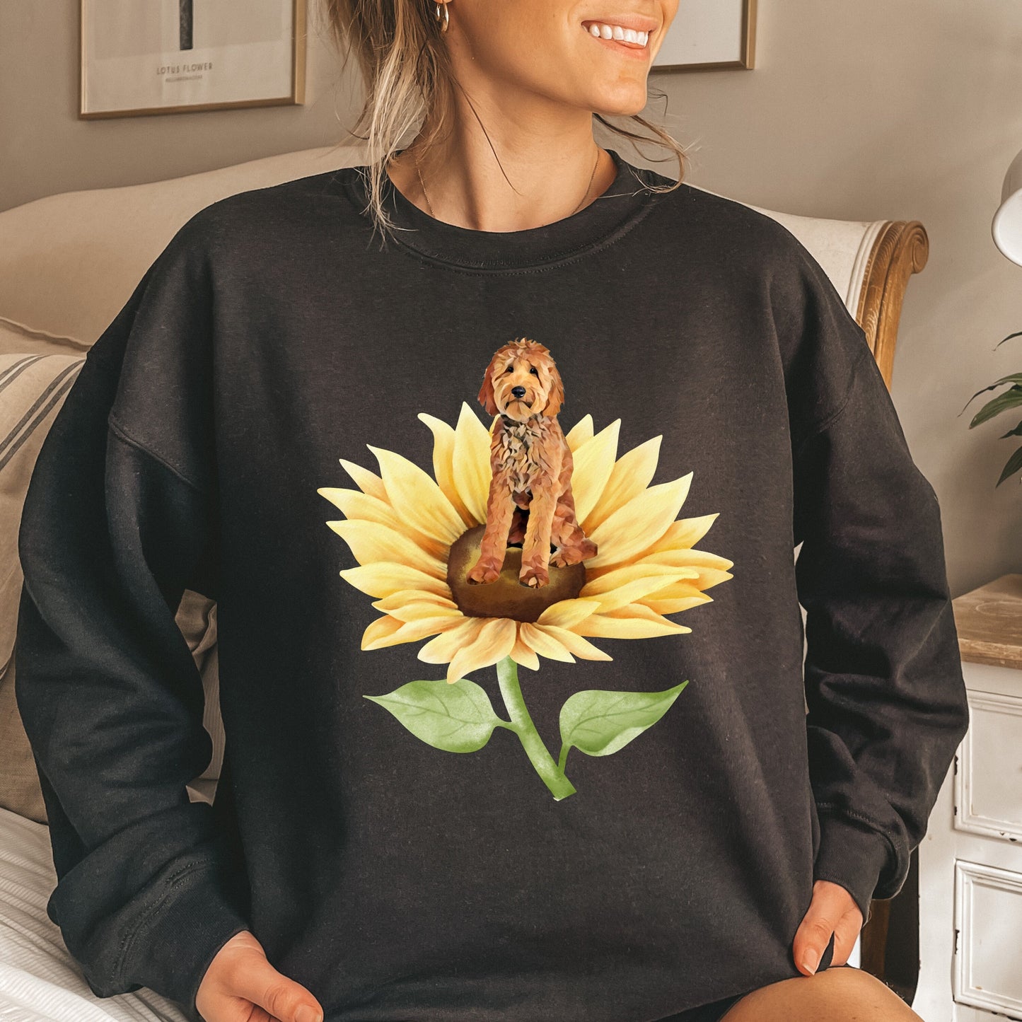 Sunflower golden doodle sweatshirt, cottagecore aesthetic, goldendoodle gifts, doodle lover, dad tshirt, dog mom crewneck, oversized shirt