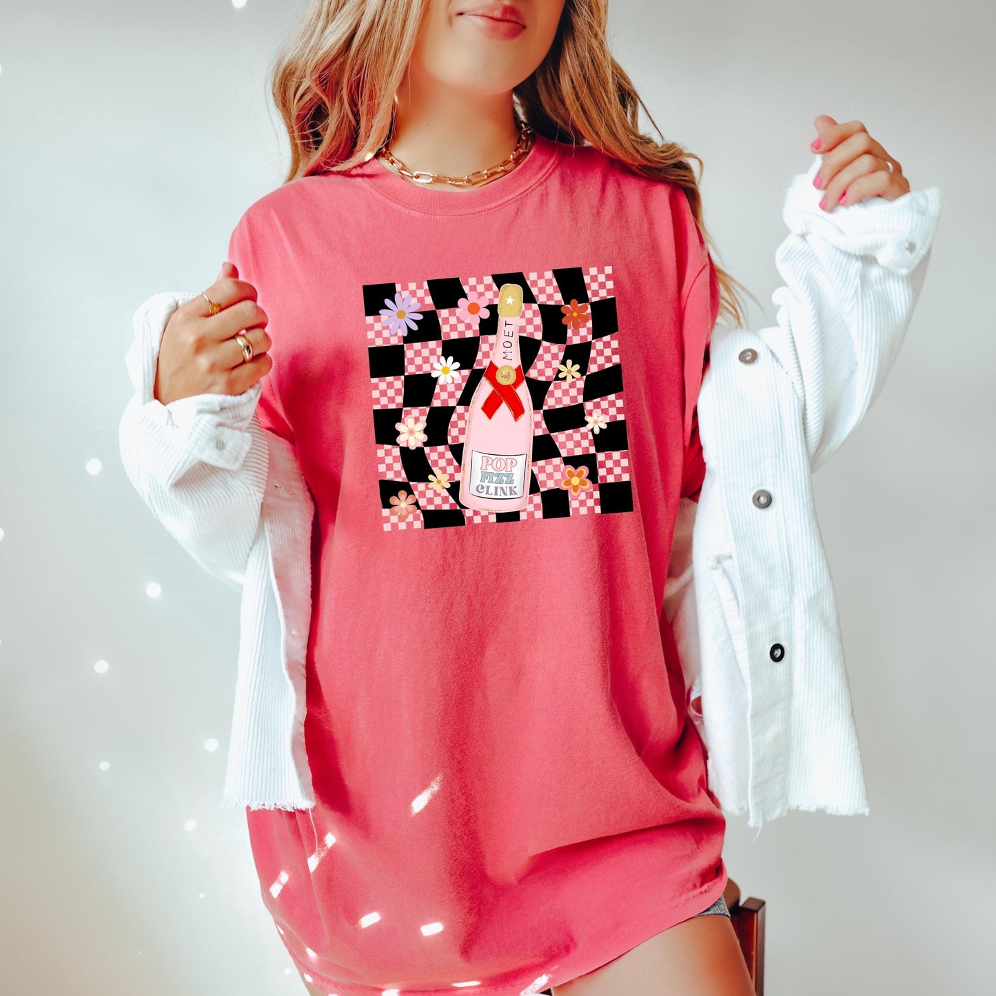 Pop clink fizz tee, champagne tee, getting ready tee, bridesmaid tee, comfort colors shirt, cc1717, vintage inspired t-shirt, retro check