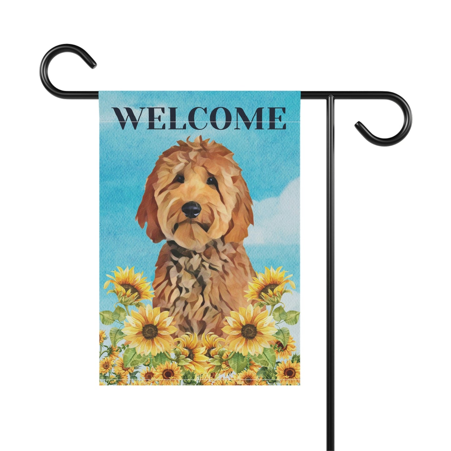 Welcome Goldendoodle garden flag, golden doodle gifts, doodle home decor, welcome spring garden flag, sunflower garden flag, doodle gifts