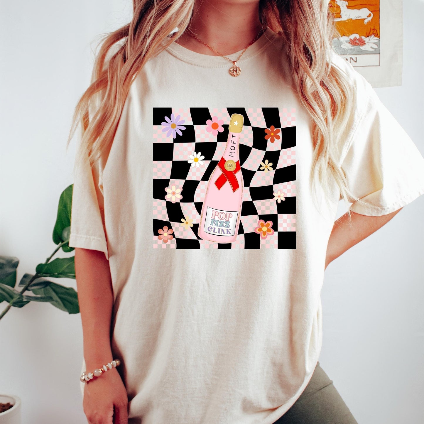 Pop clink fizz tee, champagne tee, getting ready tee, bridesmaid tee, comfort colors shirt, cc1717, vintage inspired t-shirt, retro check
