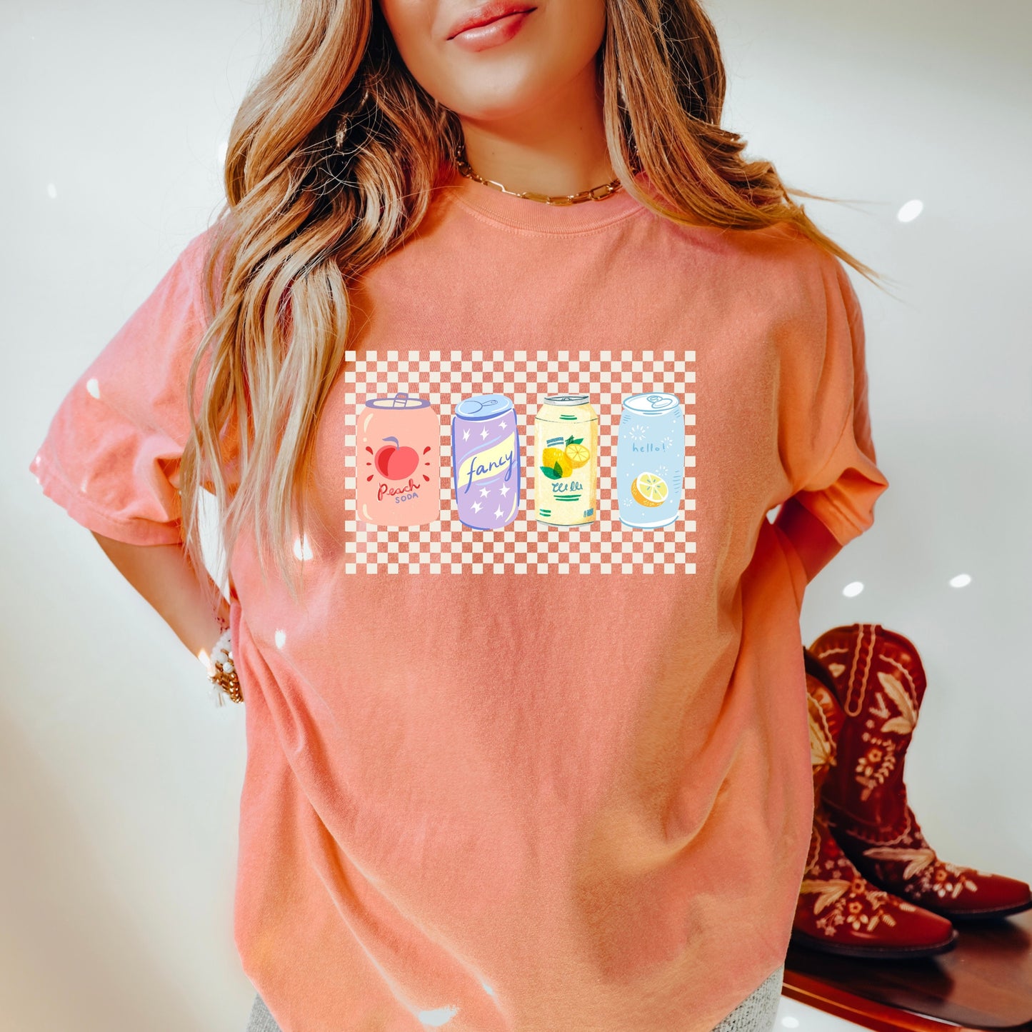 Peach soda tee, y2k aesthetic t-shirt, comfort colors shirt, comfort colors 1717, vintage inspired t-shirt, retro checkered tee, fancy retro