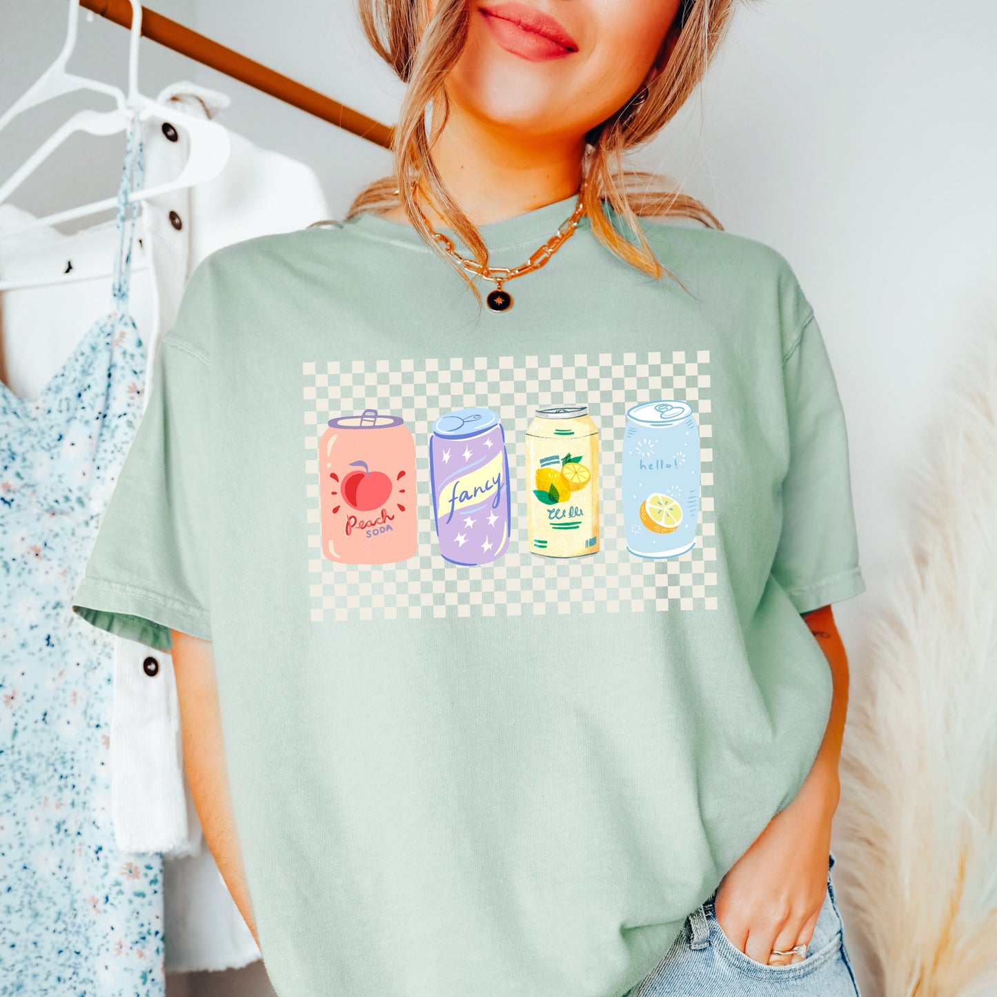 Peach soda tee, y2k aesthetic t-shirt, comfort colors shirt, comfort colors 1717, vintage inspired t-shirt, retro checkered tee, fancy retro