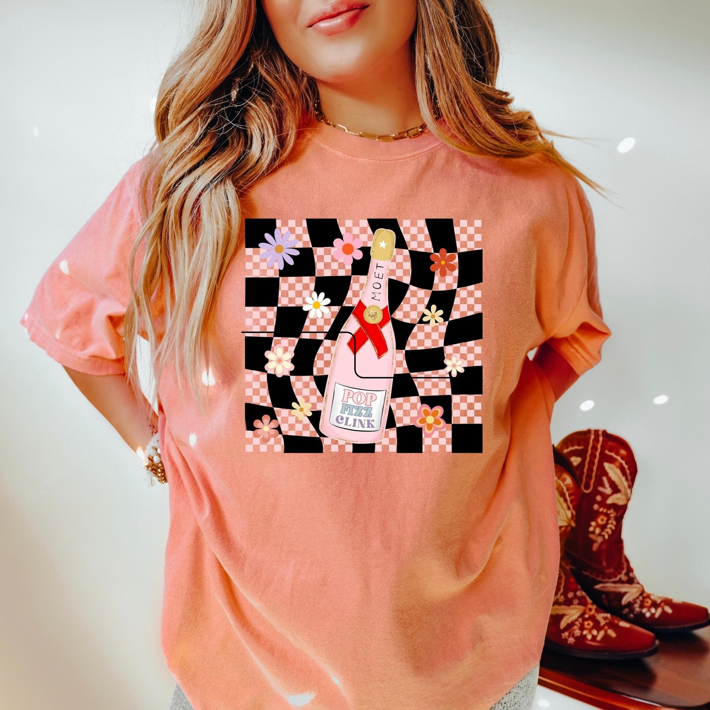 Pop clink fizz tee, champagne tee, getting ready tee, bridesmaid tee, comfort colors shirt, cc1717, vintage inspired t-shirt, retro check