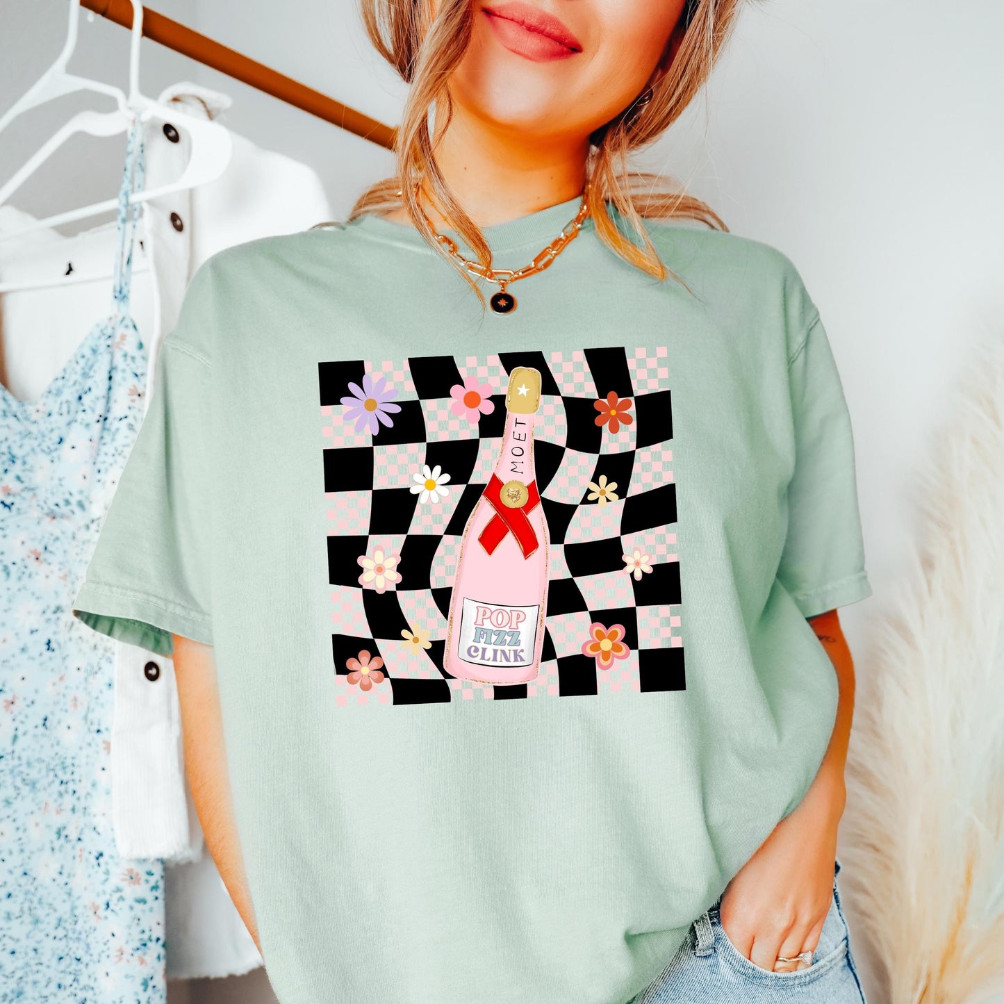 Pop clink fizz tee, champagne tee, getting ready tee, bridesmaid tee, comfort colors shirt, cc1717, vintage inspired t-shirt, retro check
