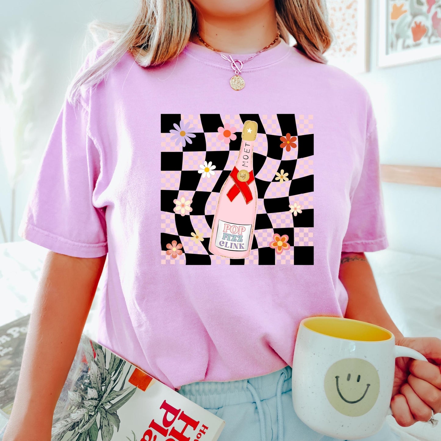 Pop clink fizz tee, champagne tee, getting ready tee, bridesmaid tee, comfort colors shirt, cc1717, vintage inspired t-shirt, retro check