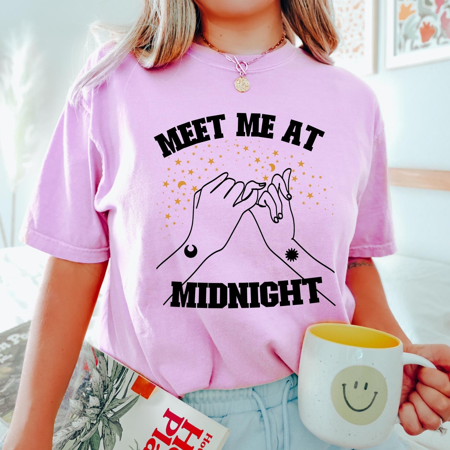 Meet me at midnight tee, moon and stars t-shirt, midnight shirt, boho cowgirl t-shirt, comfort colors tshirt, line drawing hands shirt