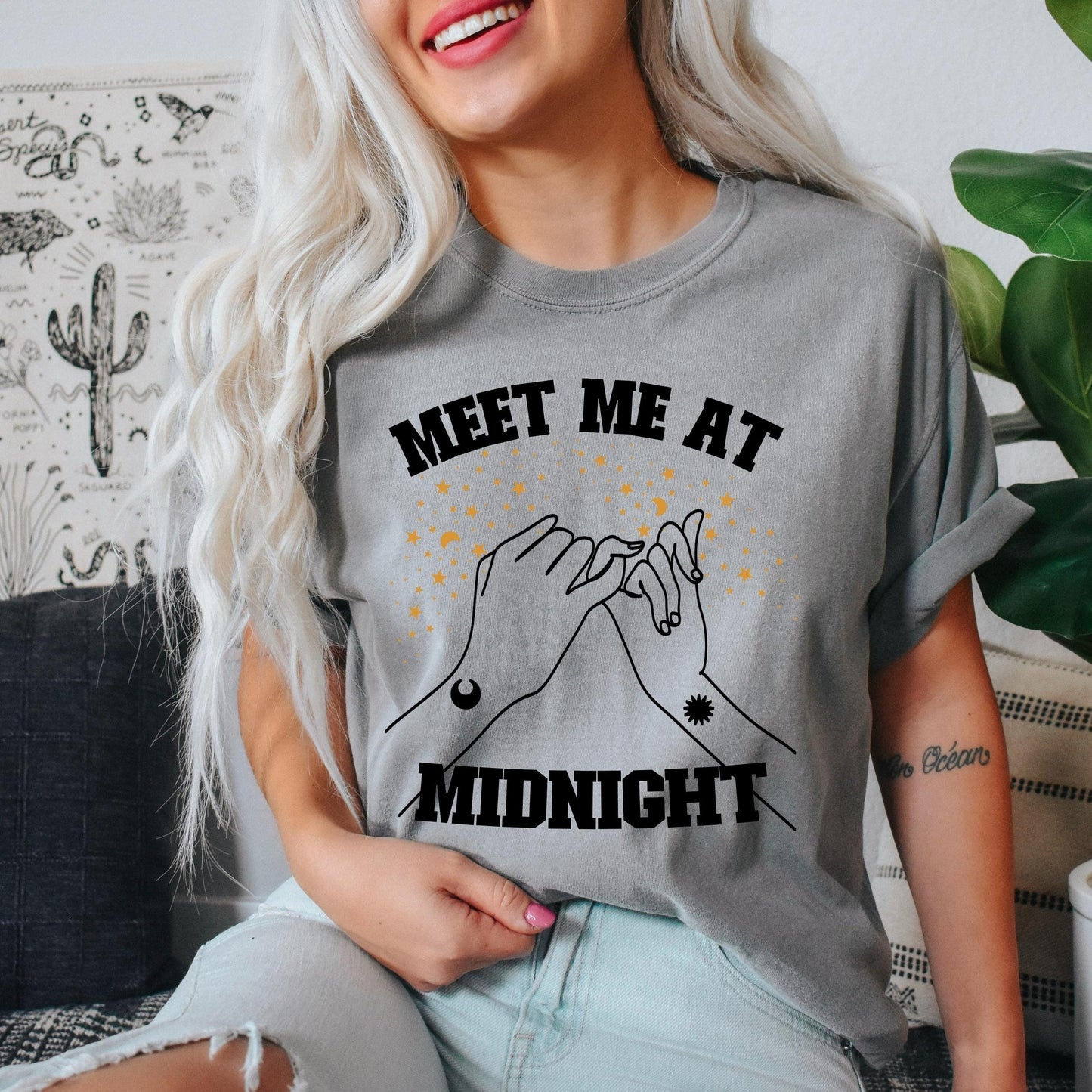 Meet me at midnight tee, moon and stars t-shirt, midnight shirt, boho cowgirl t-shirt, comfort colors tshirt, line drawing hands shirt