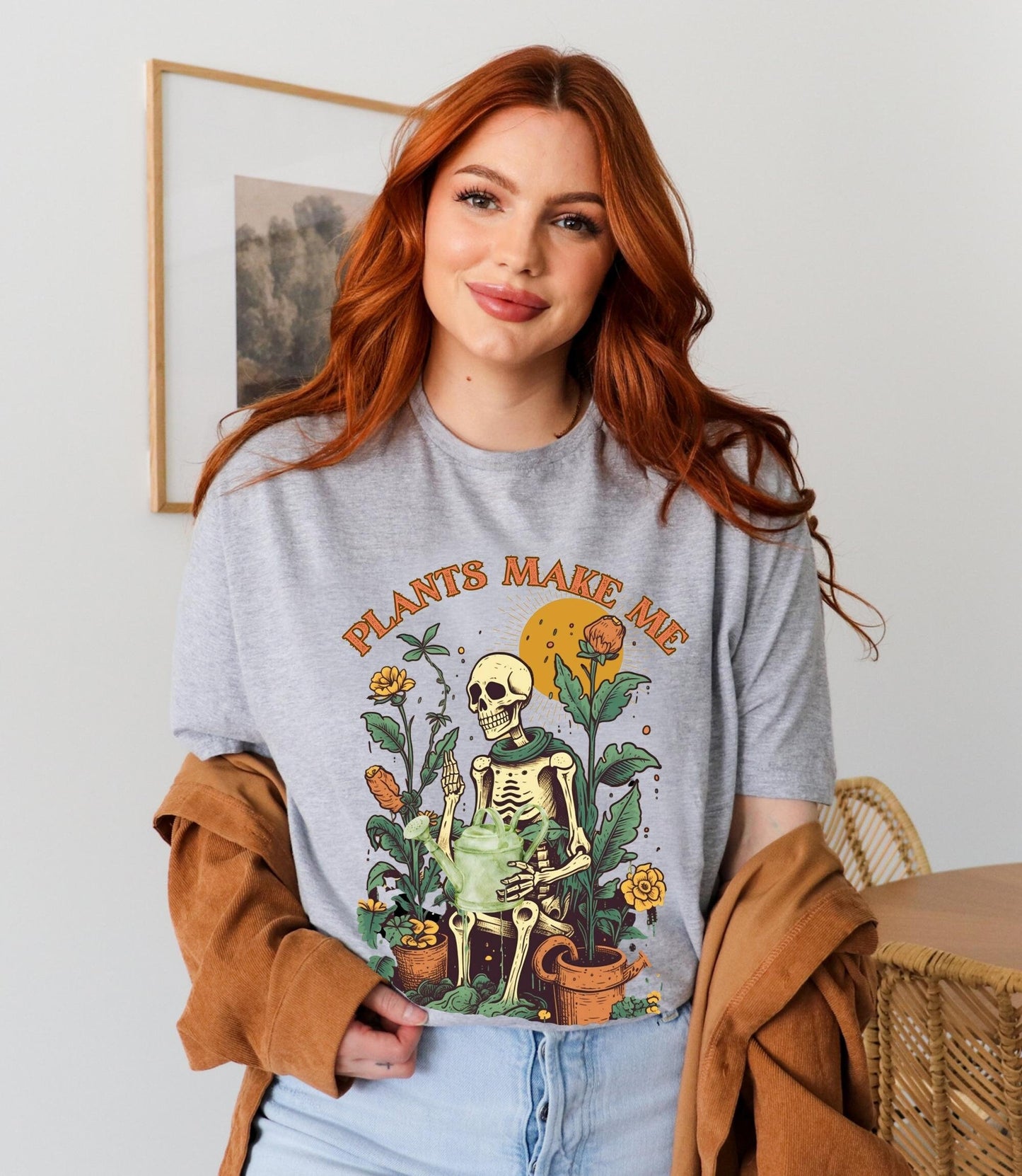 Plants make me happy t-shirt, one more plant tee, plant lover shirt, retro skeleton t-shirt, cartoon cottagecore t-shirt, skeleton shirt