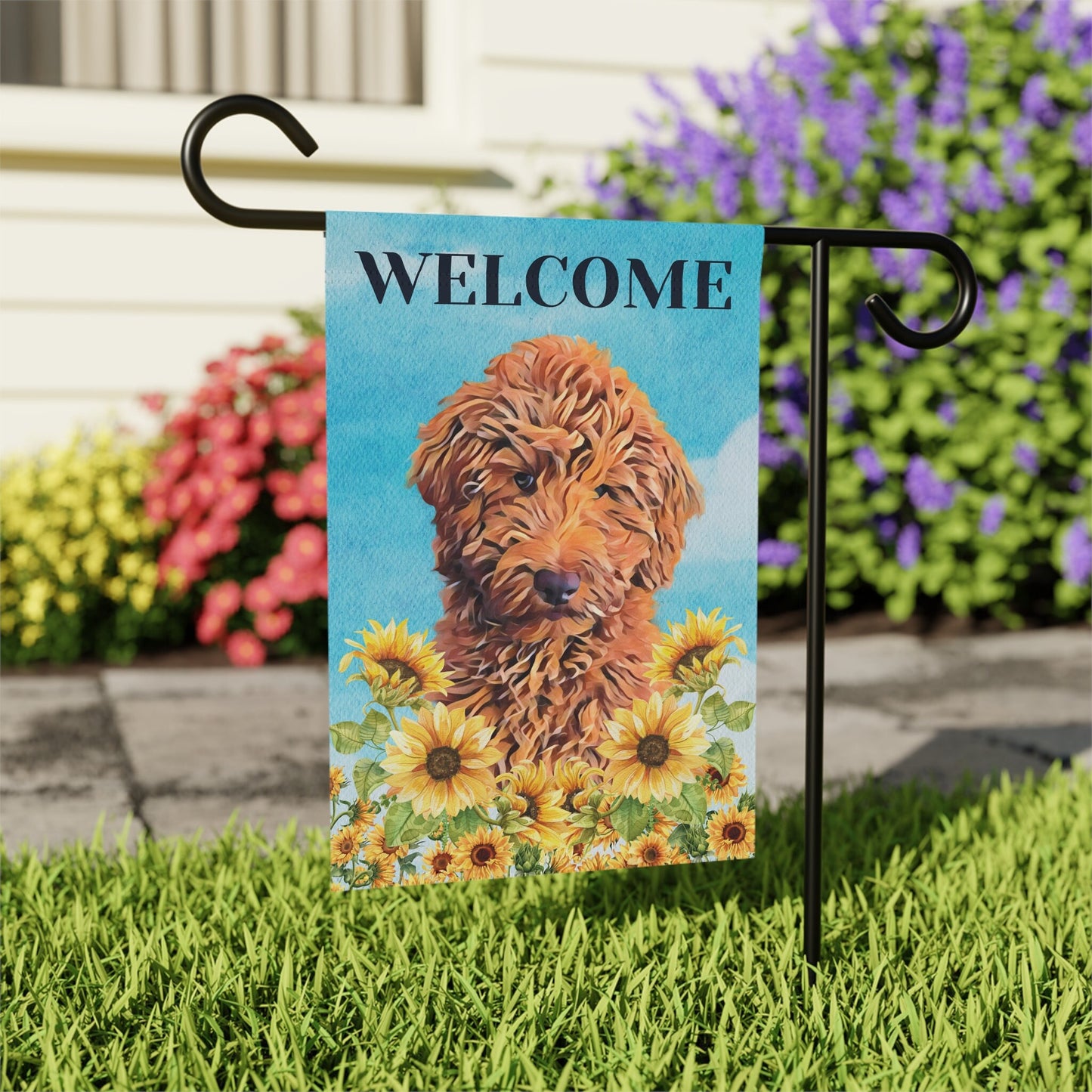 Welcome Goldendoodle garden flag, golden doodle gifts, doodle home decor, welcome spring garden flag, sunflower garden flag, doodle gifts