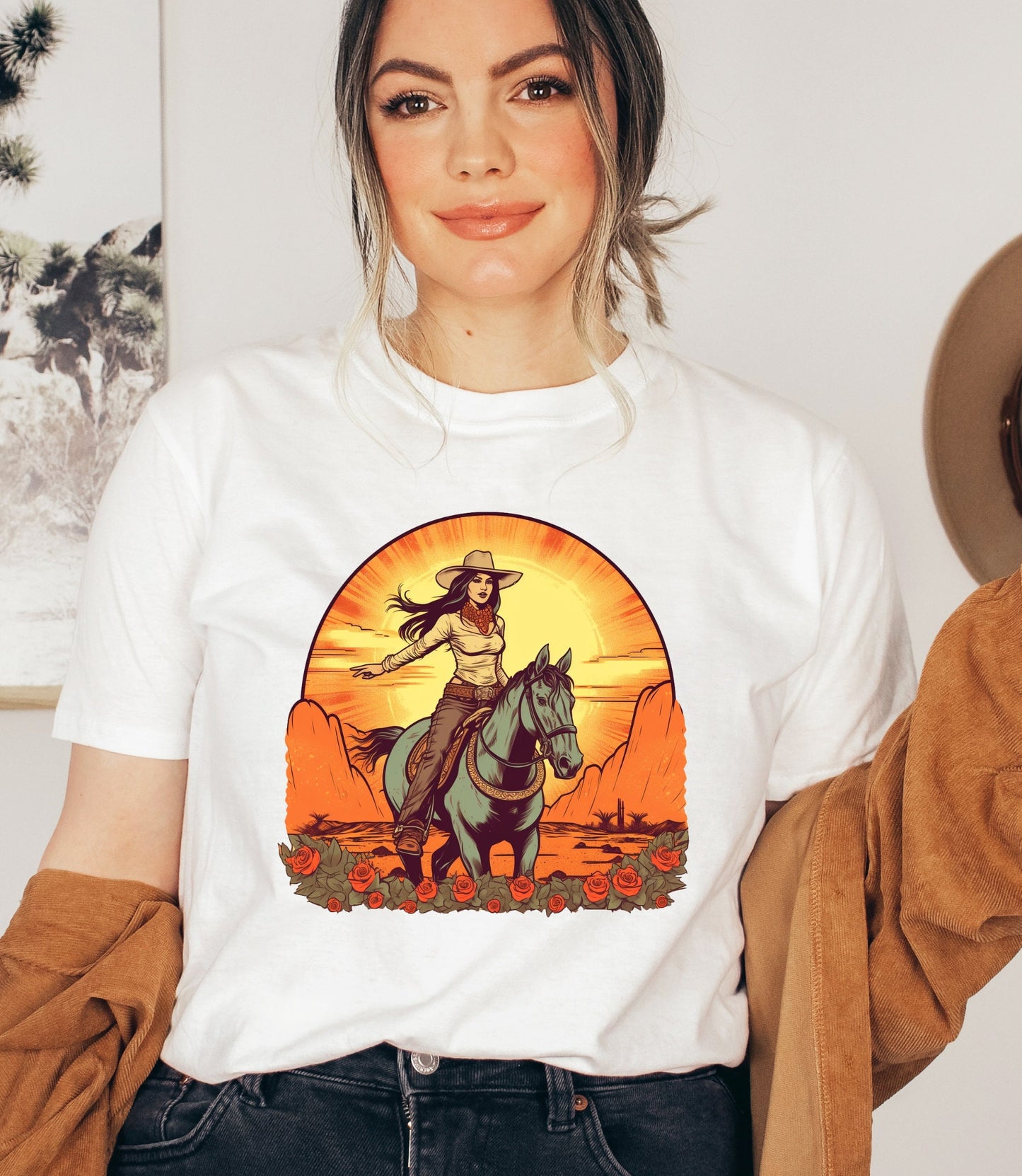 Western cowgirl t-shirt, desert sunset cowgirl tee, retro long live cowgirls aesthetic, desert sunset tee, riding horse shirt, cowgirl gifts