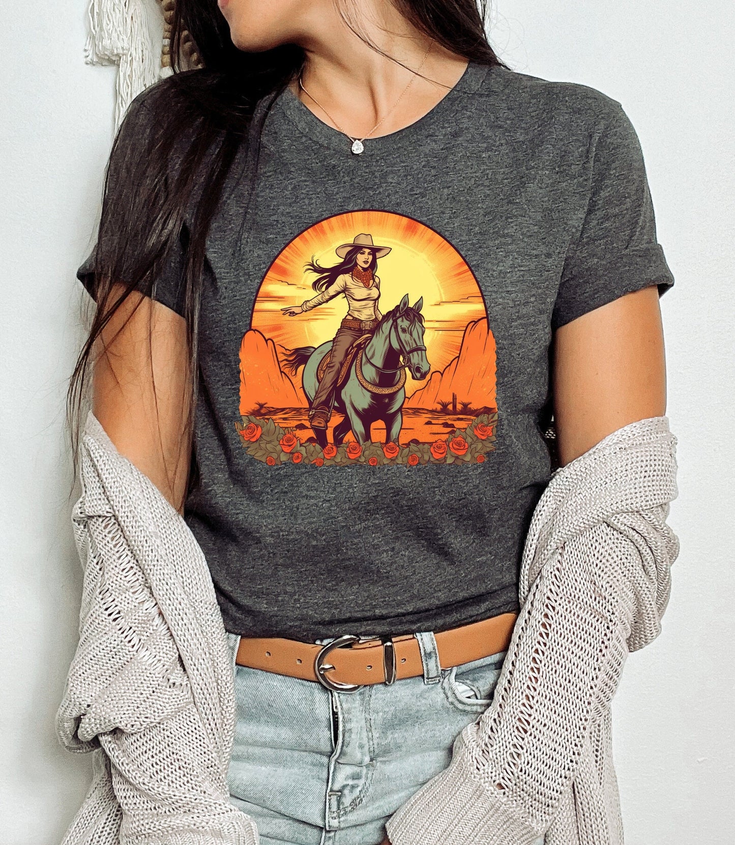 Western cowgirl t-shirt, desert sunset cowgirl tee, retro long live cowgirls aesthetic, desert sunset tee, riding horse shirt, cowgirl gifts