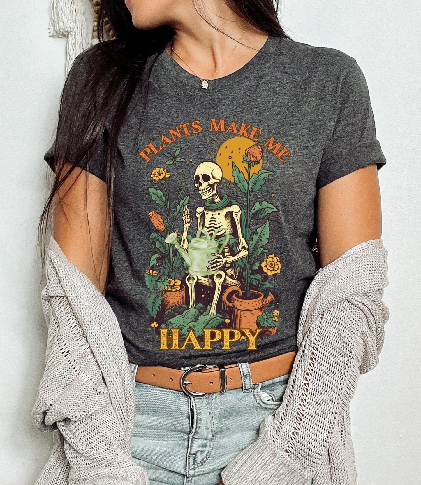 Plants make me happy t-shirt, one more plant tee, plant lover shirt, retro skeleton t-shirt, cartoon cottagecore t-shirt, skeleton shirt
