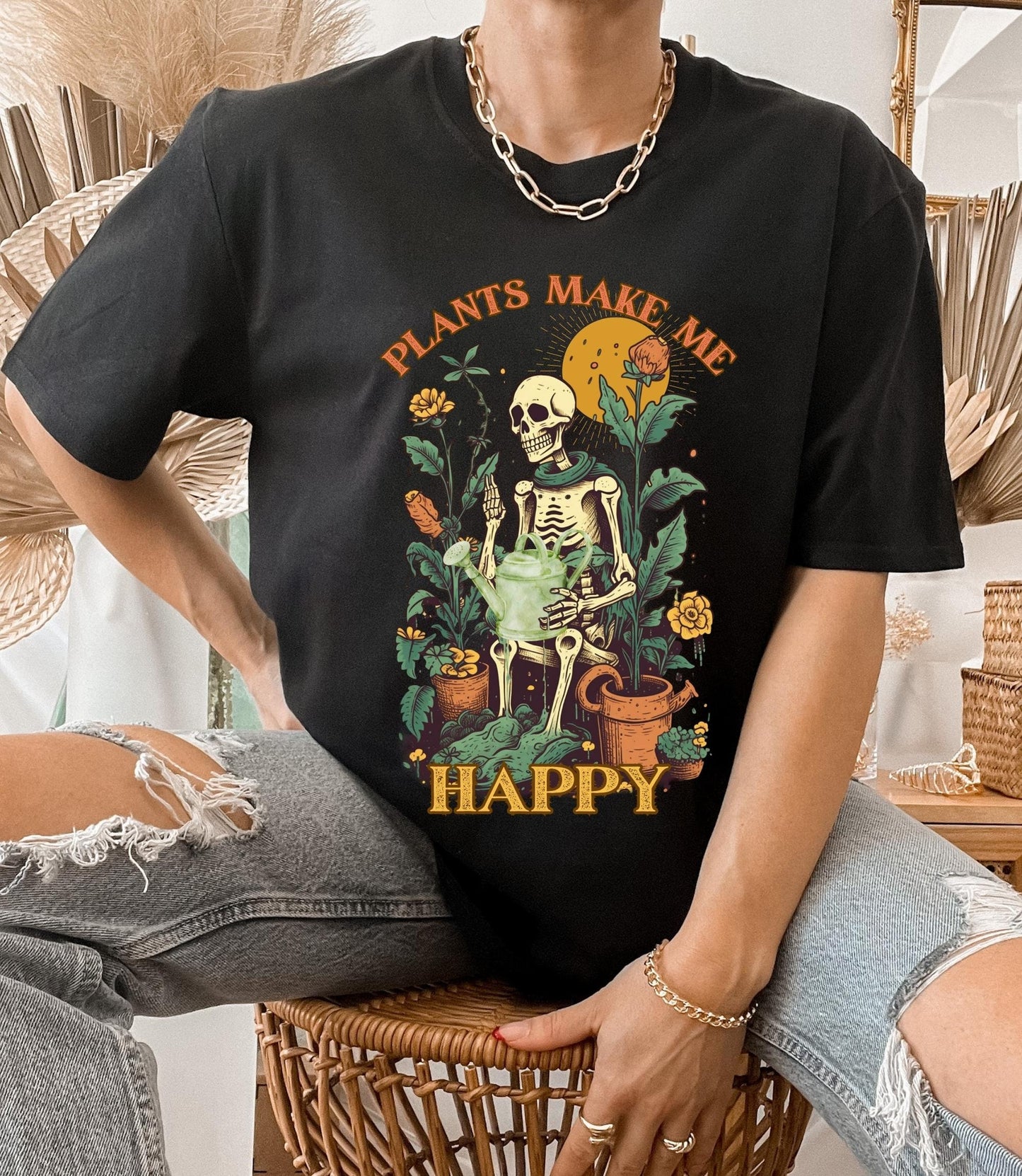 Plants make me happy t-shirt, one more plant tee, plant lover shirt, retro skeleton t-shirt, cartoon cottagecore t-shirt, skeleton shirt
