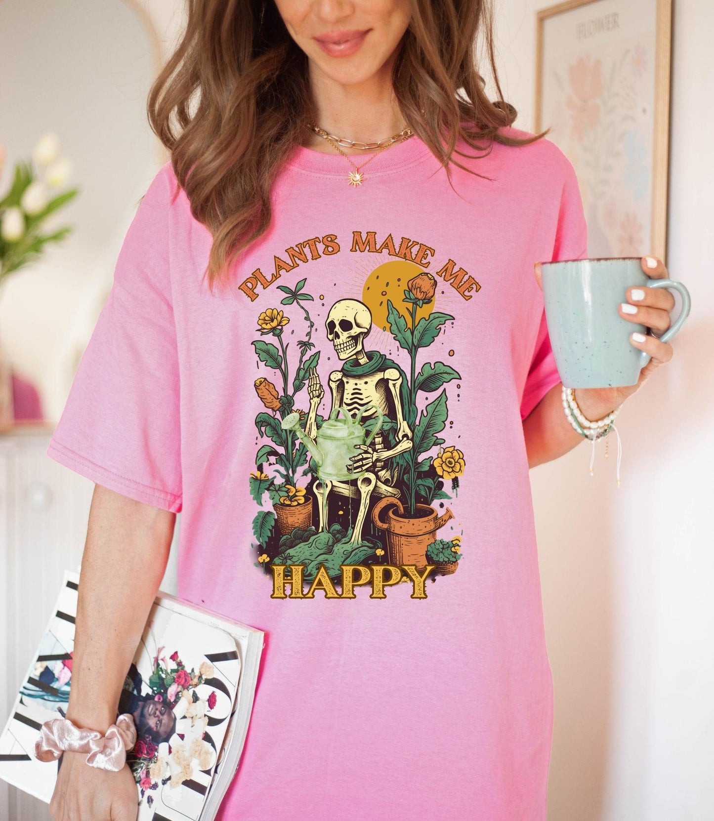 Plants make me happy t-shirt, one more plant tee, plant lover shirt, retro skeleton t-shirt, cartoon cottagecore t-shirt, skeleton shirt