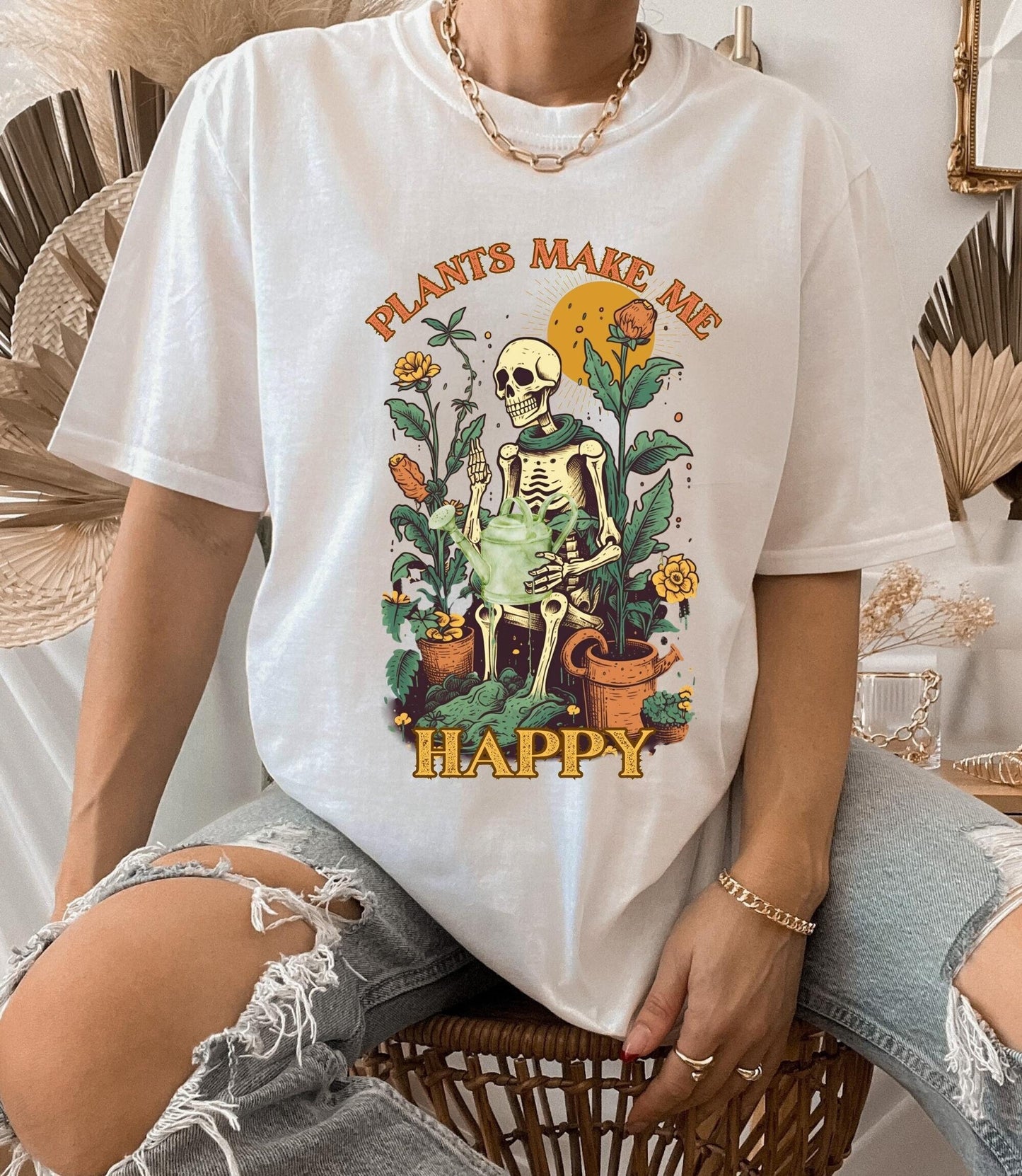 Plants make me happy t-shirt, one more plant tee, plant lover shirt, retro skeleton t-shirt, cartoon cottagecore t-shirt, skeleton shirt