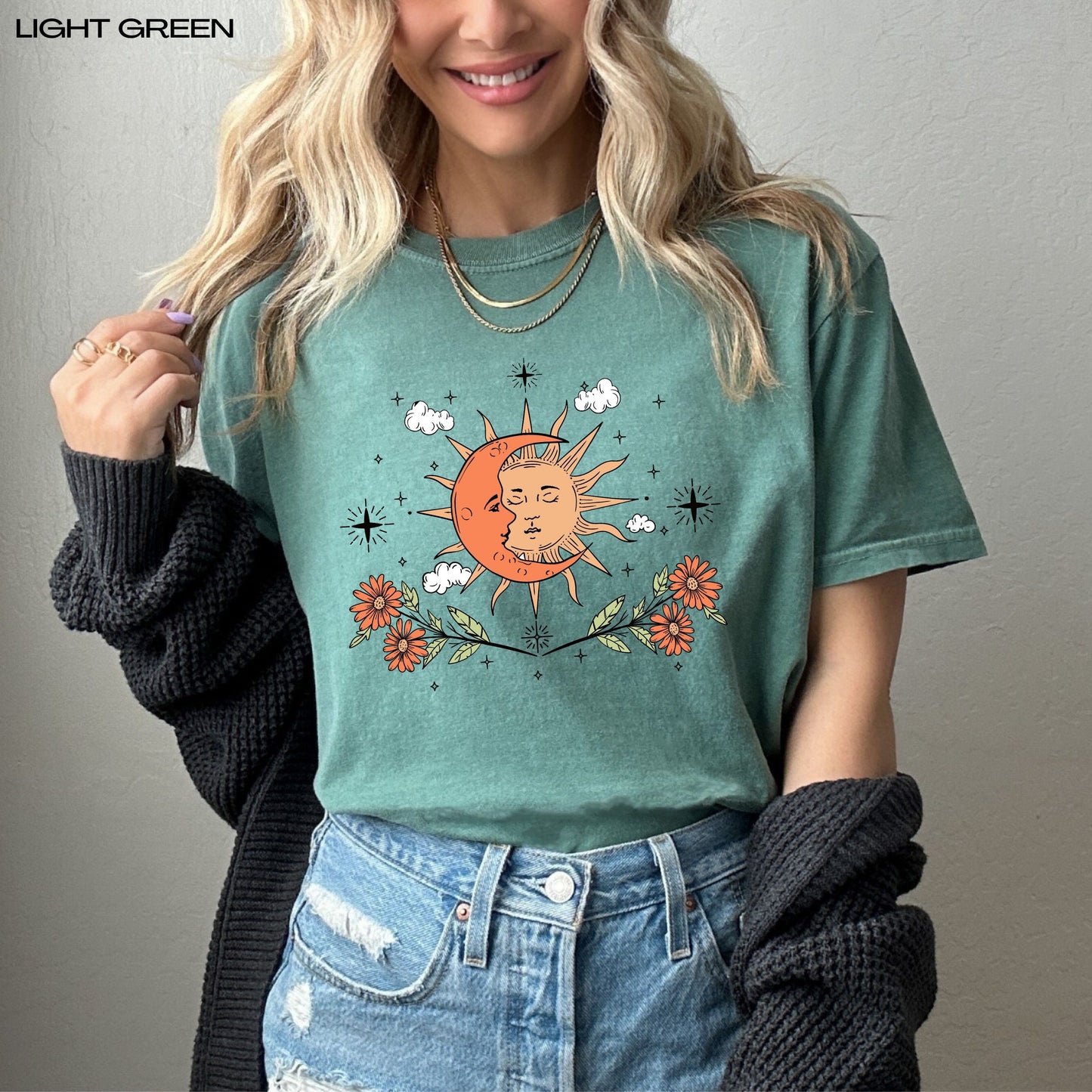 Mystical sun and moon t-shirt, comfort colors, la luna, cottagecore shirt, boho wildflowers, oversized vintage tee, floral nature shirt