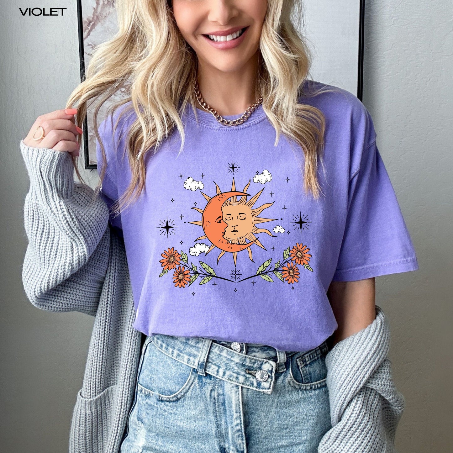 Mystical sun and moon t-shirt, comfort colors, la luna, cottagecore shirt, boho wildflowers, oversized vintage tee, floral nature shirt