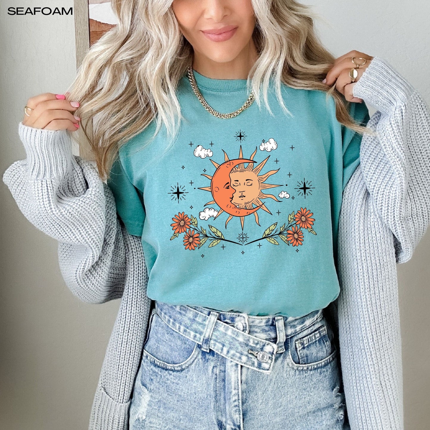 Mystical sun and moon t-shirt, comfort colors, la luna, cottagecore shirt, boho wildflowers, oversized vintage tee, floral nature shirt