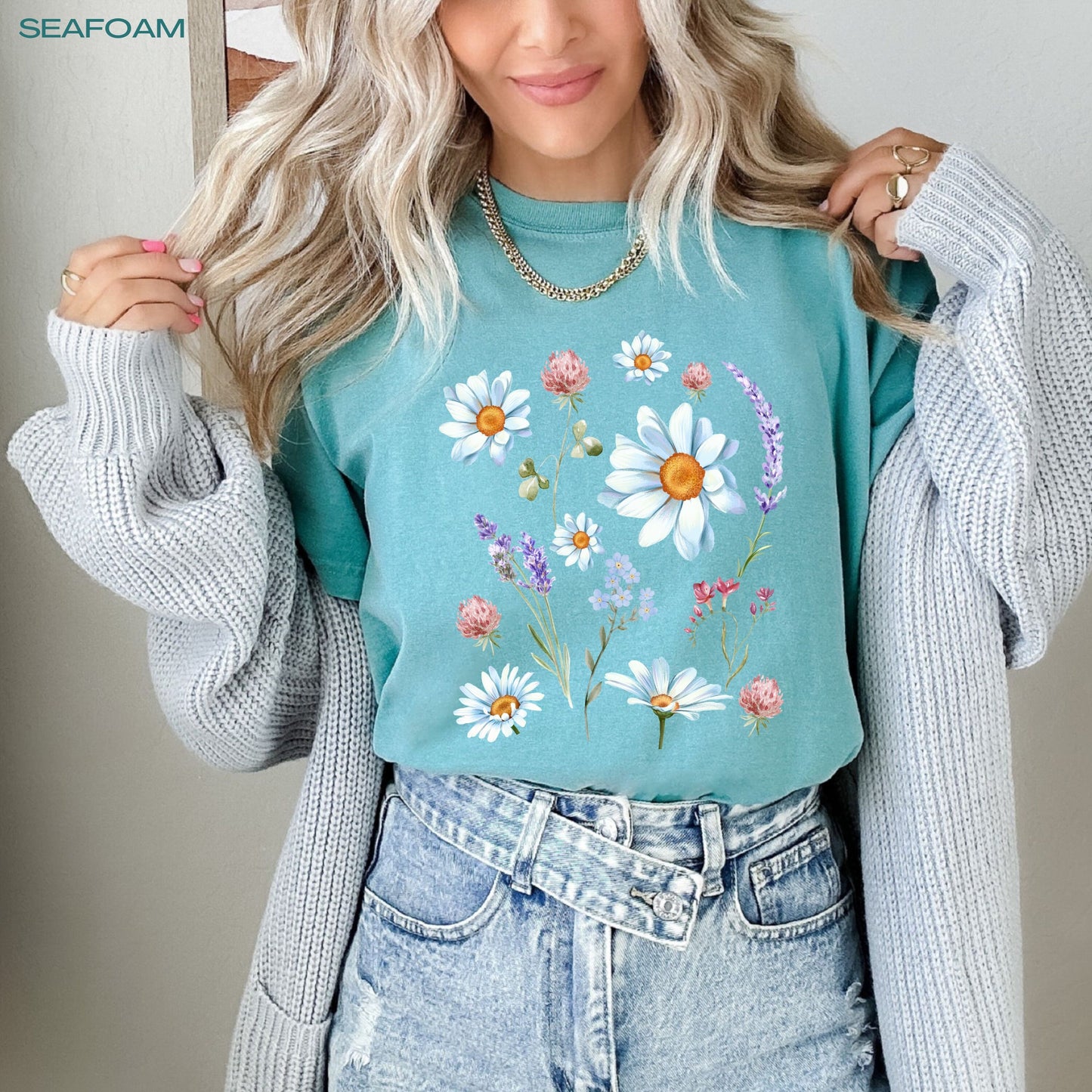Daisy meadow shirt, comfort colors, botanical wildflower, cottagecore aesthetic, green witchy nature shirt, boho garden lover, birthday gift
