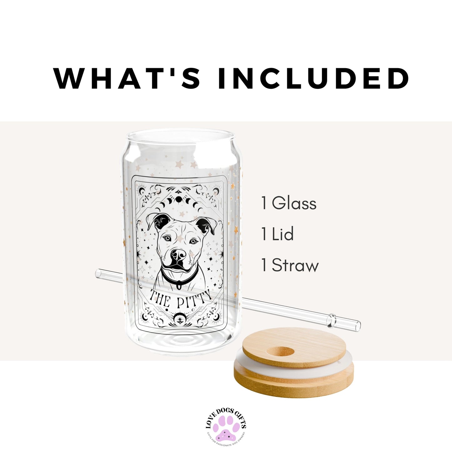 Tarot Pitbull coffee glass with lid, 16oz, pitbull gifts, pitty mom birthday gift, mothers day gift, beer glass, staffordshire bull terrier
