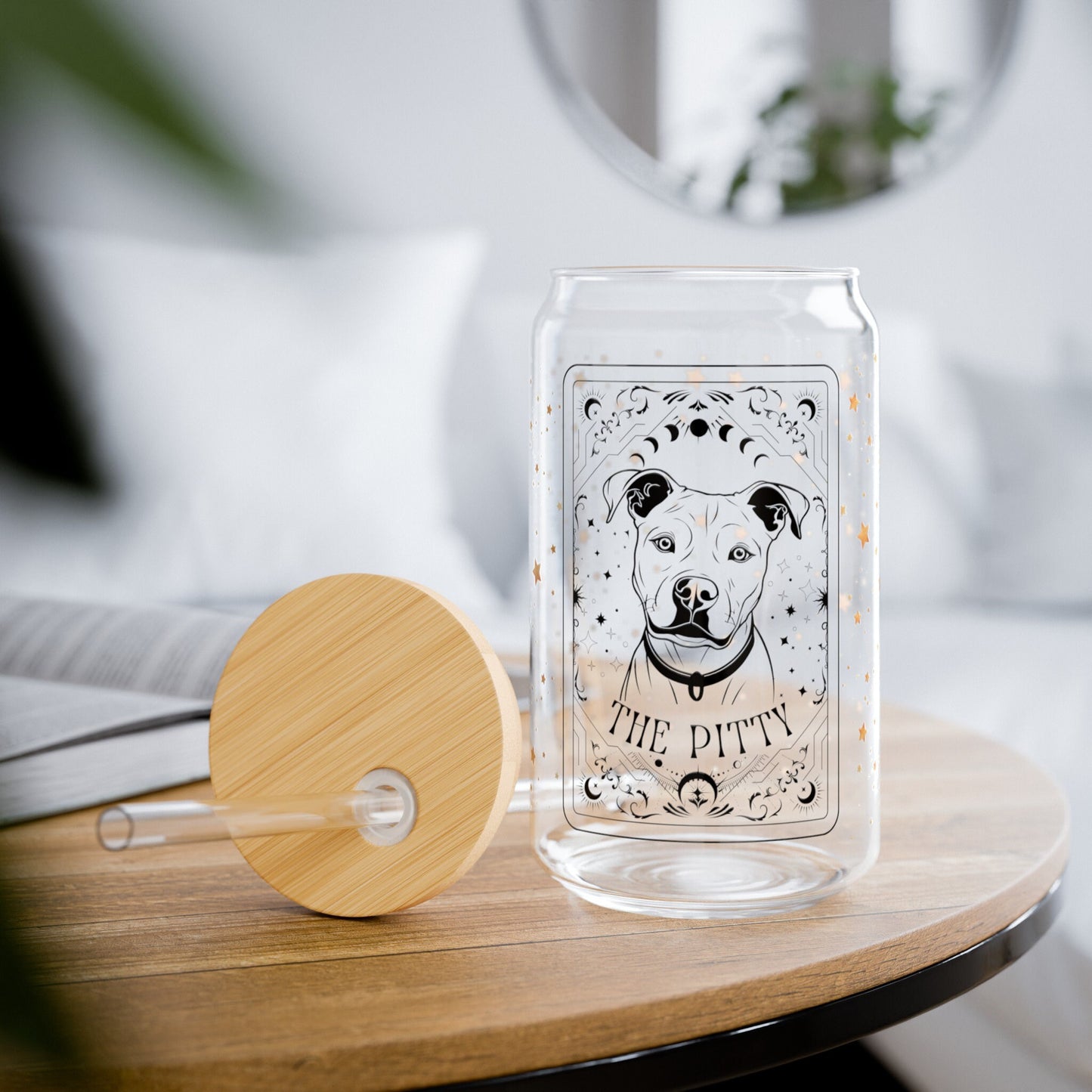 Tarot Pitbull coffee glass with lid, 16oz, pitbull gifts, pitty mom birthday gift, mothers day gift, beer glass, staffordshire bull terrier
