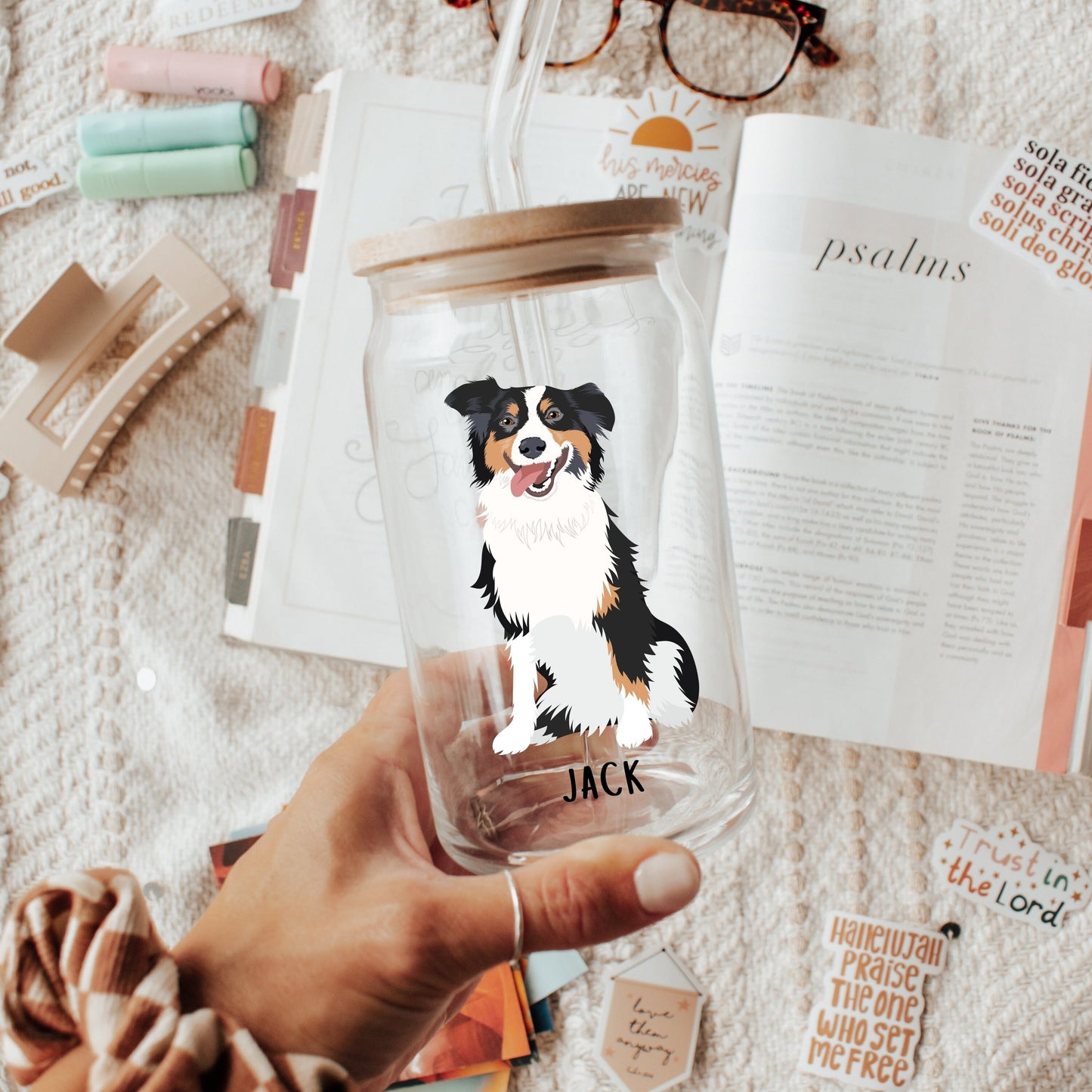 Australian Shepherd glass with lid and straw, iced coffee glass, aussie mom gifts, aussie gifts, mothers day gift, daughter birthday gift
