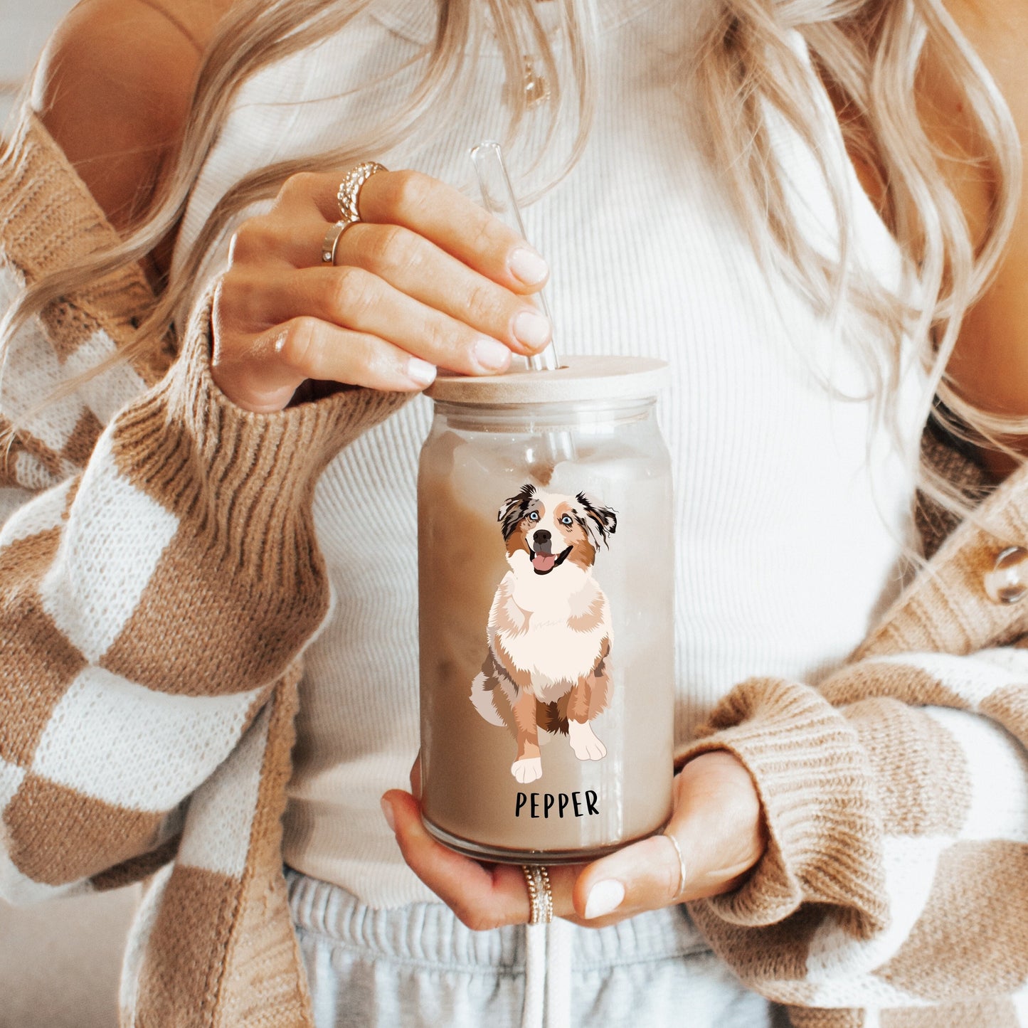 Australian Shepherd glass with lid and straw, iced coffee glass, aussie mom gifts, aussie gifts, mothers day gift, daughter birthday gift